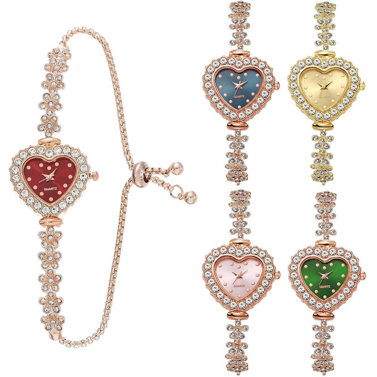 Dacdyi 5Pcs Fashionable Diamond Heart Shaped Women Watch Bracelet Wholesale Watches Flower Analog Quartz Wristwatches – 