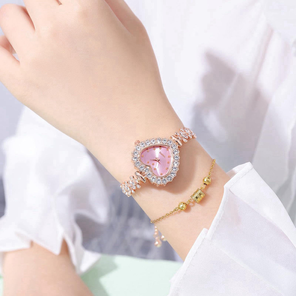 Dacdyi 5Pcs Fashionable Diamond Heart Shaped Women Watch Bracelet Wholesale Watches Flower Analog Quartz Wristwatches – 