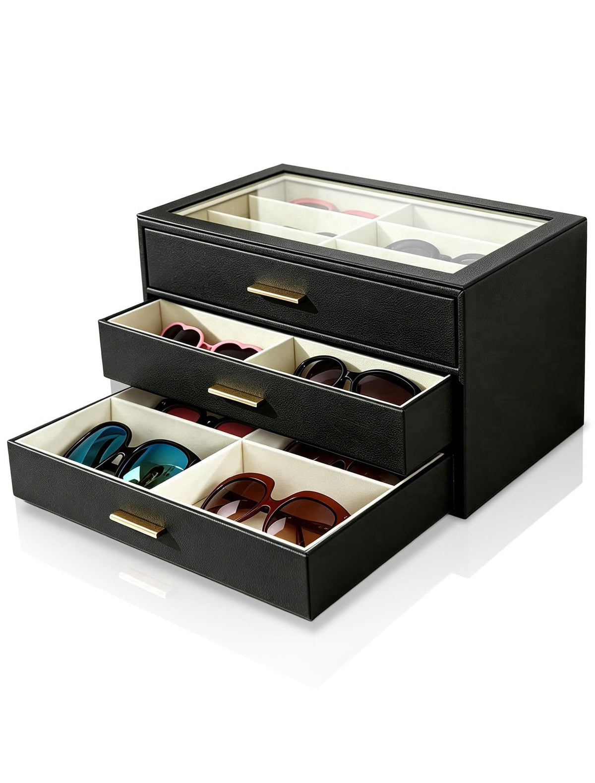 GRTCZYSL Sunglasses Organizer for Oversize Glasses, 16 Slots 3-Layer Eyeglass Storage Box with Extra-Deep Bottom Compart