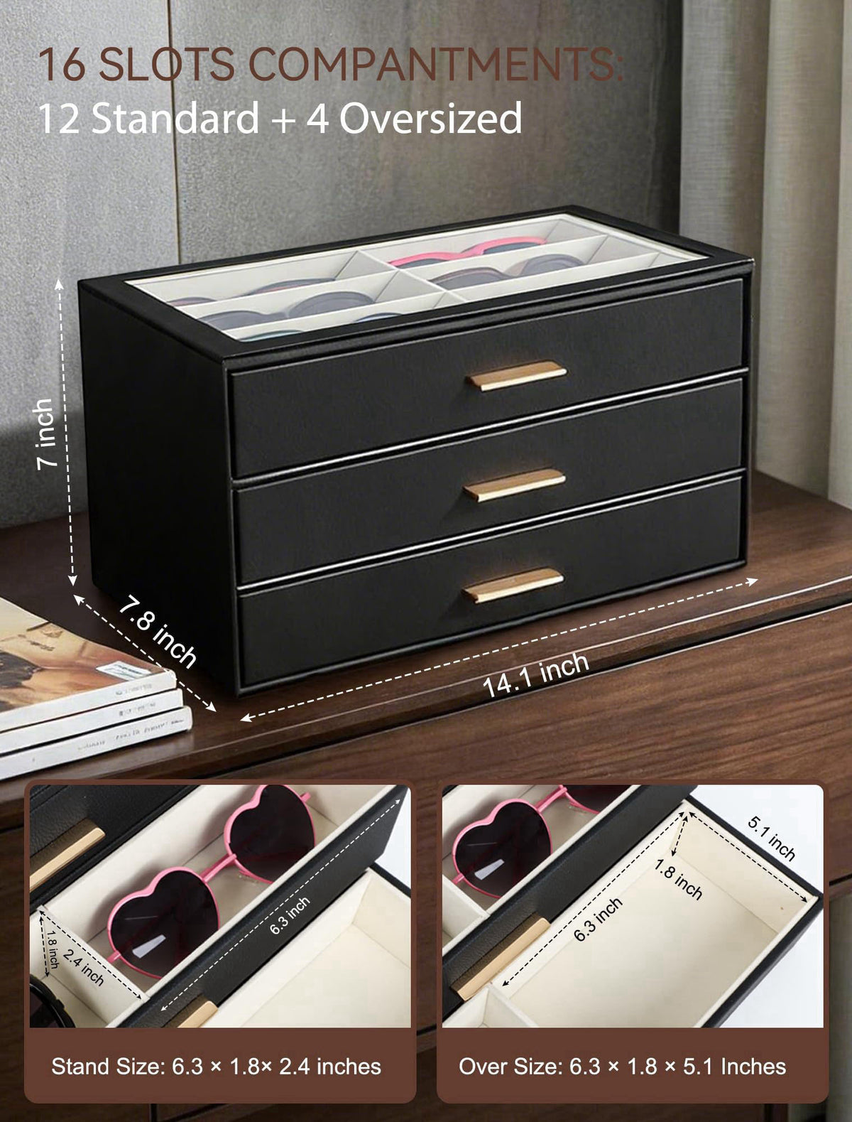 GRTCZYSL Sunglasses Organizer for Oversize Glasses, 16 Slots 3-Layer Eyeglass Storage Box with Extra-Deep Bottom Compart