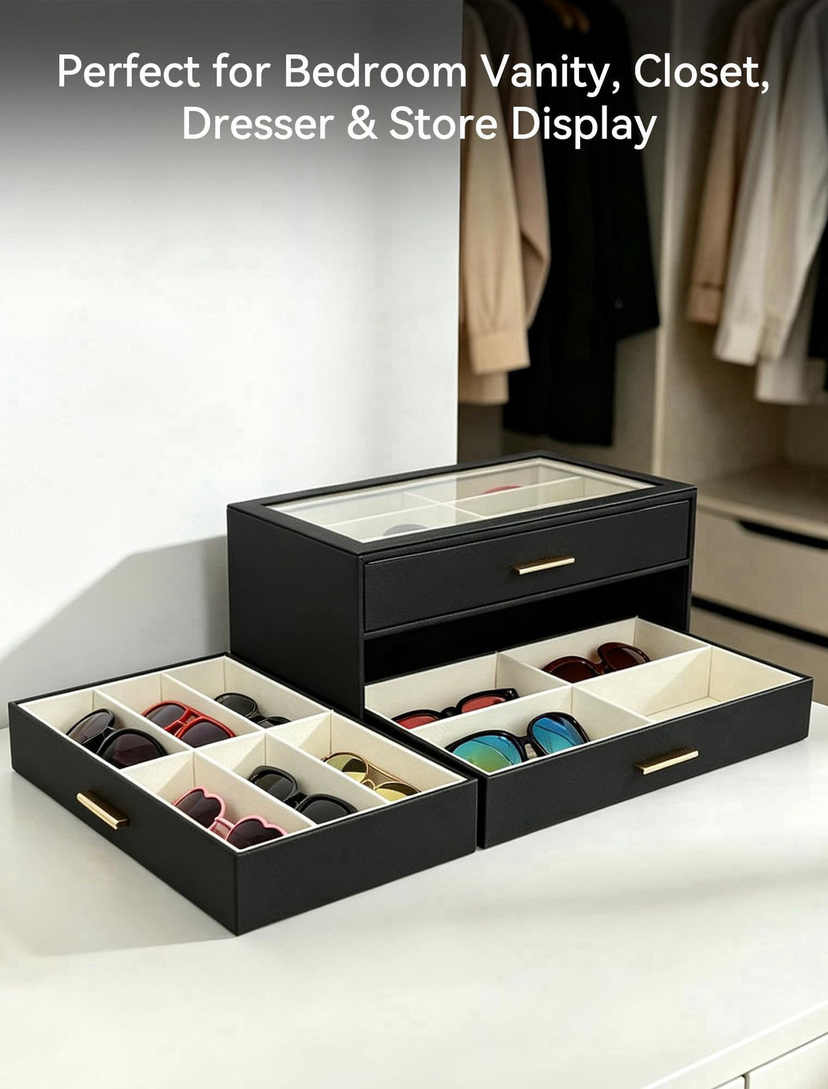 GRTCZYSL Sunglasses Organizer for Oversize Glasses, 16 Slots 3-Layer Eyeglass Storage Box with Extra-Deep Bottom Compart