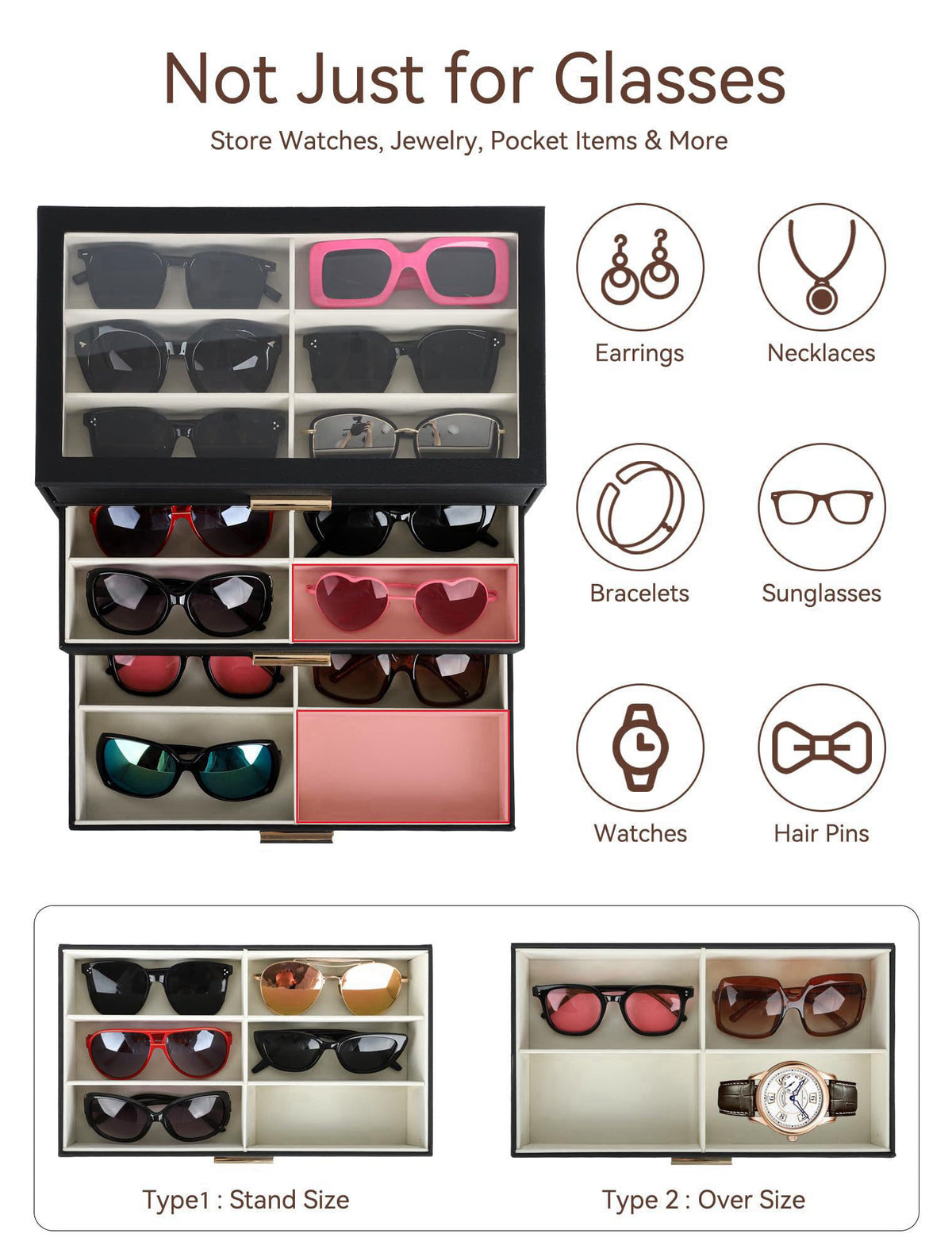 GRTCZYSL Sunglasses Organizer for Oversize Glasses, 16 Slots 3-Layer Eyeglass Storage Box with Extra-Deep Bottom Compart
