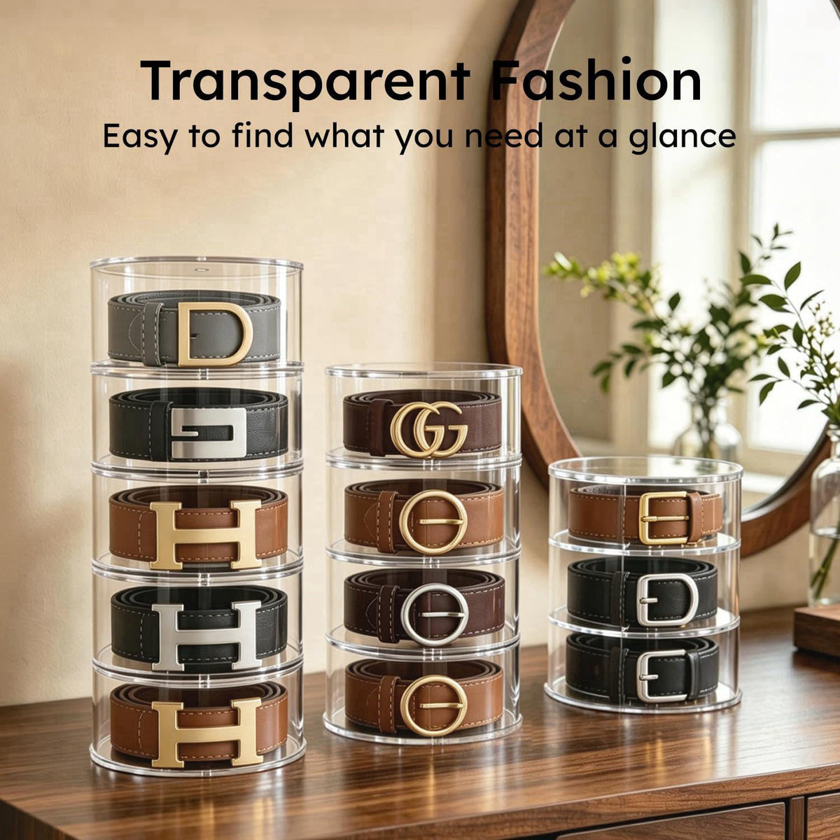 FEMELI Acrylic Belt Storage Organizers For Closet 5-Layer Clear Belt Holder – packaging and label