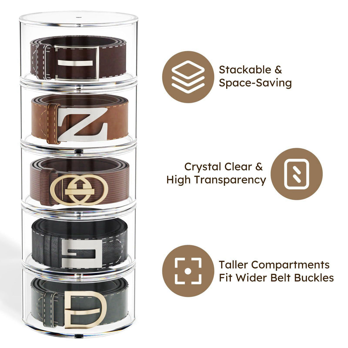 FEMELI Acrylic Belt Storage Organizers For Closet 5-Layer Clear Belt Holder – back view and specifications