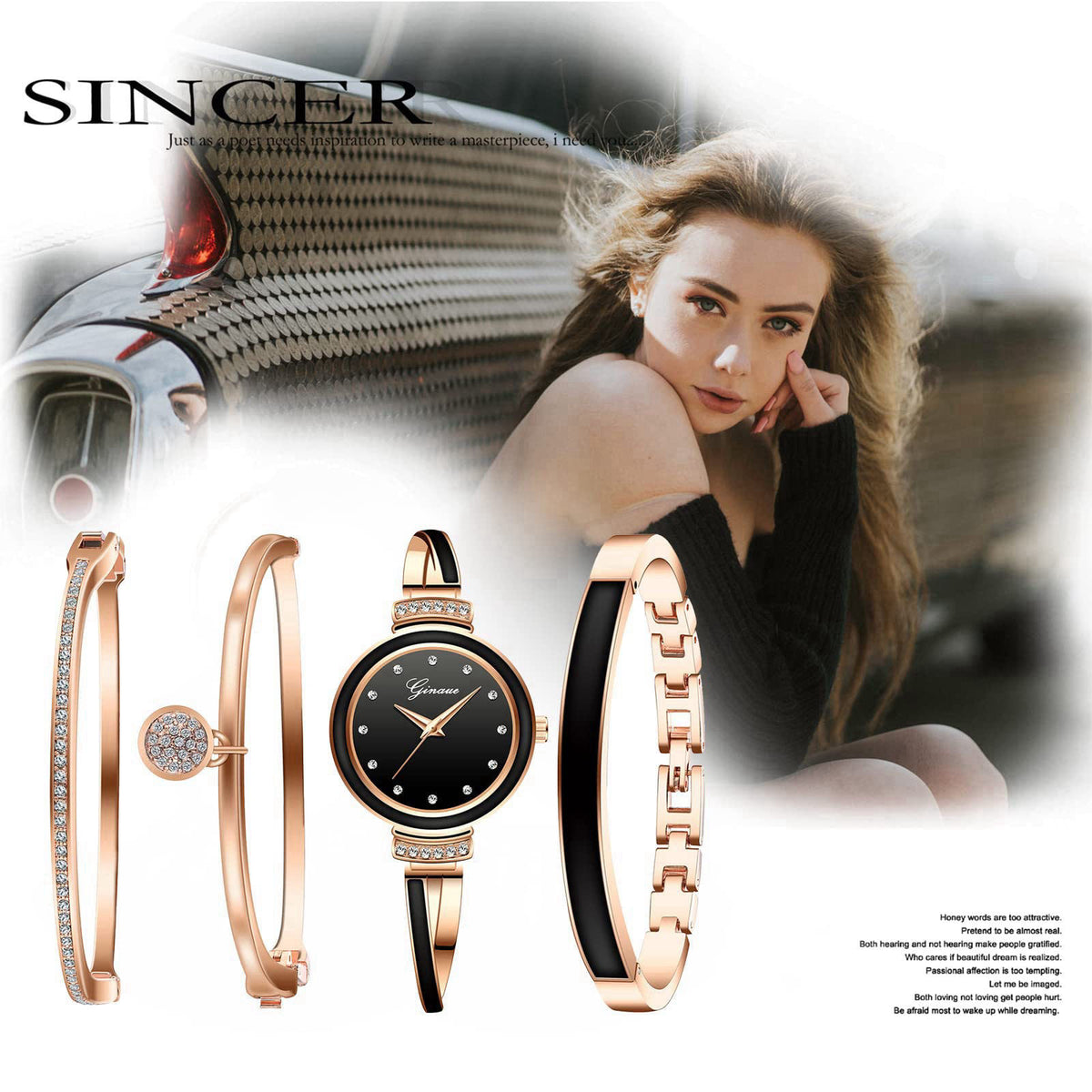 Avaner Bangle Watch and Bracelet Set, 4 Pcs Wrist Watch Bracelet Set Elegante Watch for Women – full view