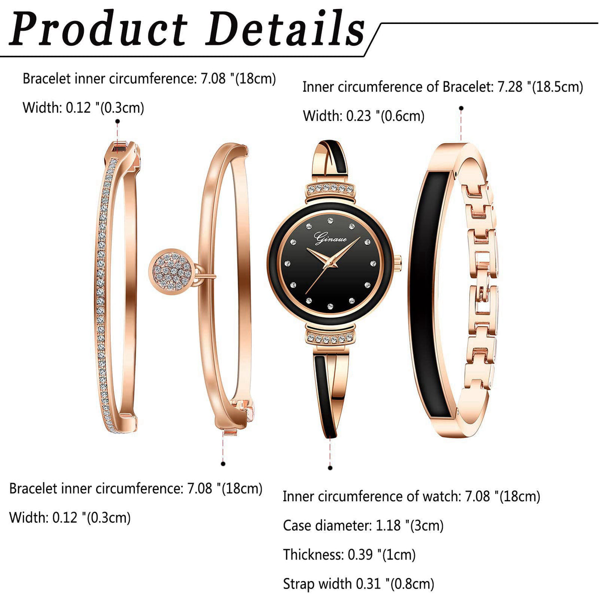 Avaner Bangle Watch and Bracelet Set, 4 Pcs Wrist Watch Bracelet Set Elegante Watch for Women – back view and specificat