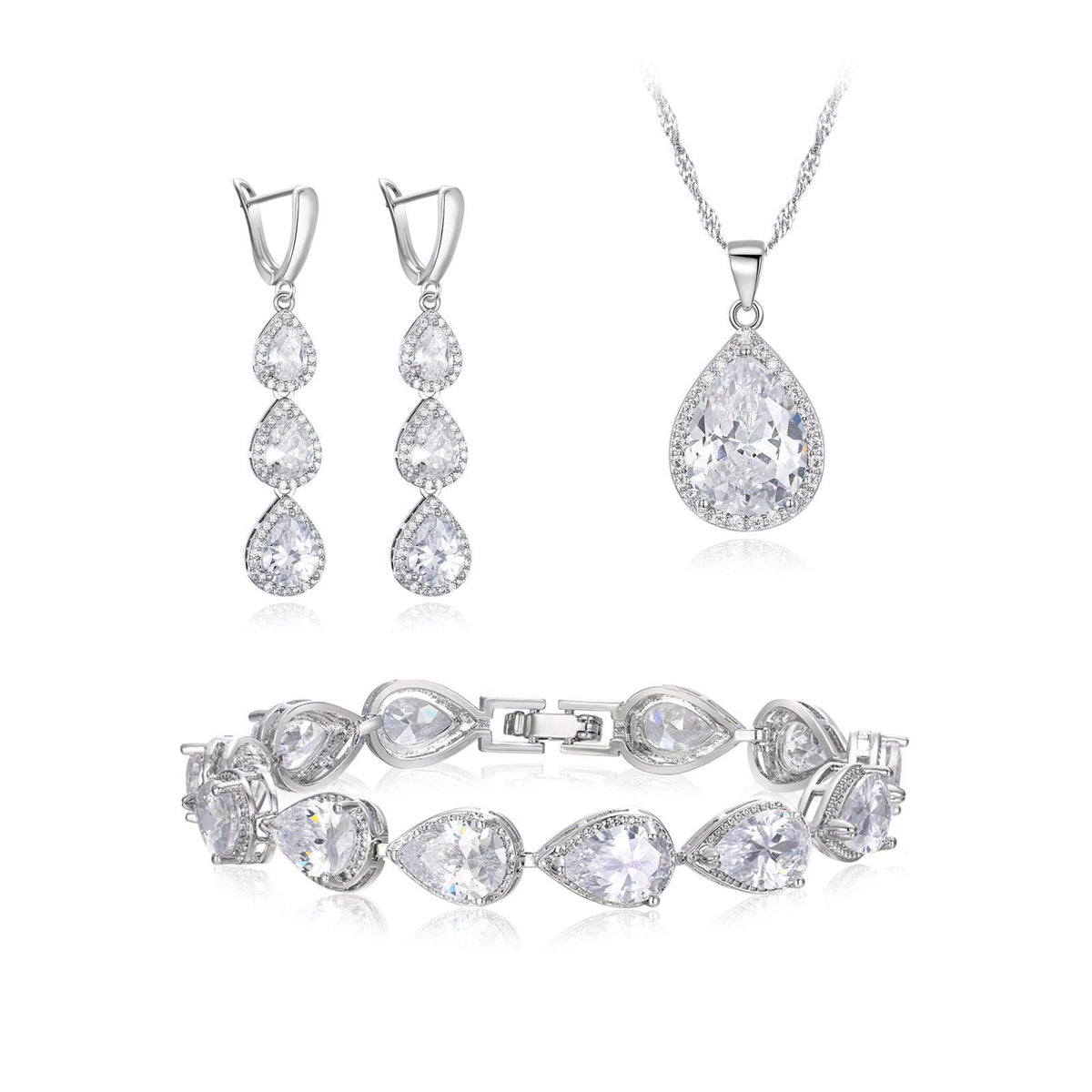 EleQueen Water Drop Pendant Necklace Long Dangle Earrings Tennis Bracelet Set, Sparkle Cubic Zirconia Teardrop Wedding J