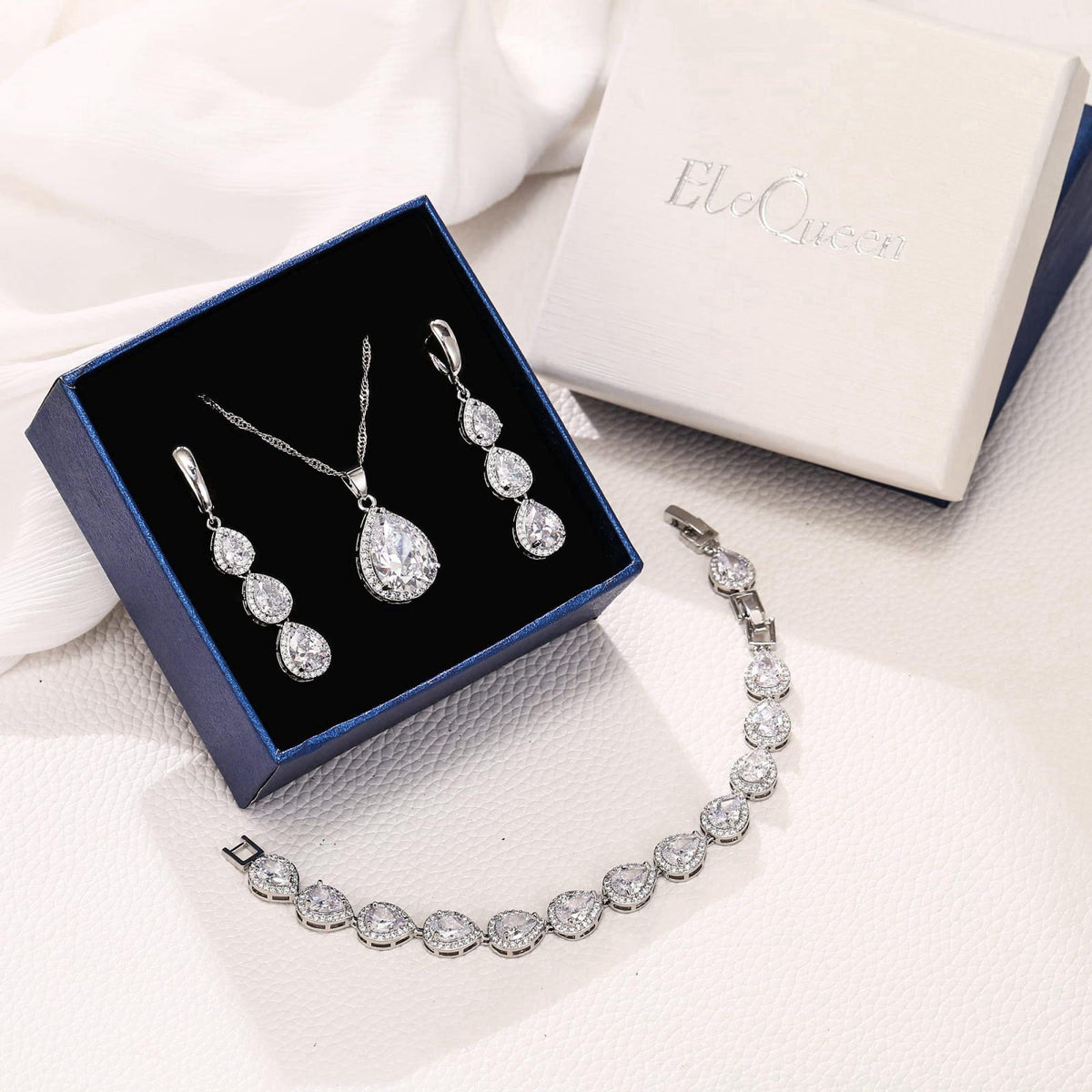EleQueen Water Drop Pendant Necklace Long Dangle Earrings Tennis Bracelet Set, Sparkle Cubic Zirconia Teardrop Wedding J