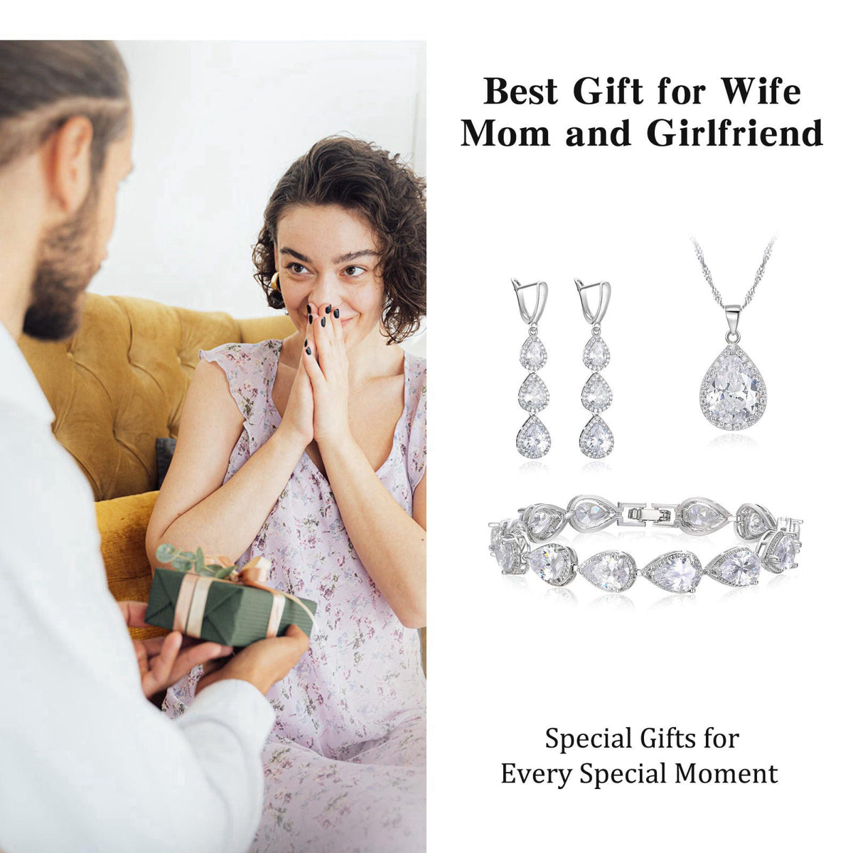 EleQueen Water Drop Pendant Necklace Long Dangle Earrings Tennis Bracelet Set, Sparkle Cubic Zirconia Teardrop Wedding J