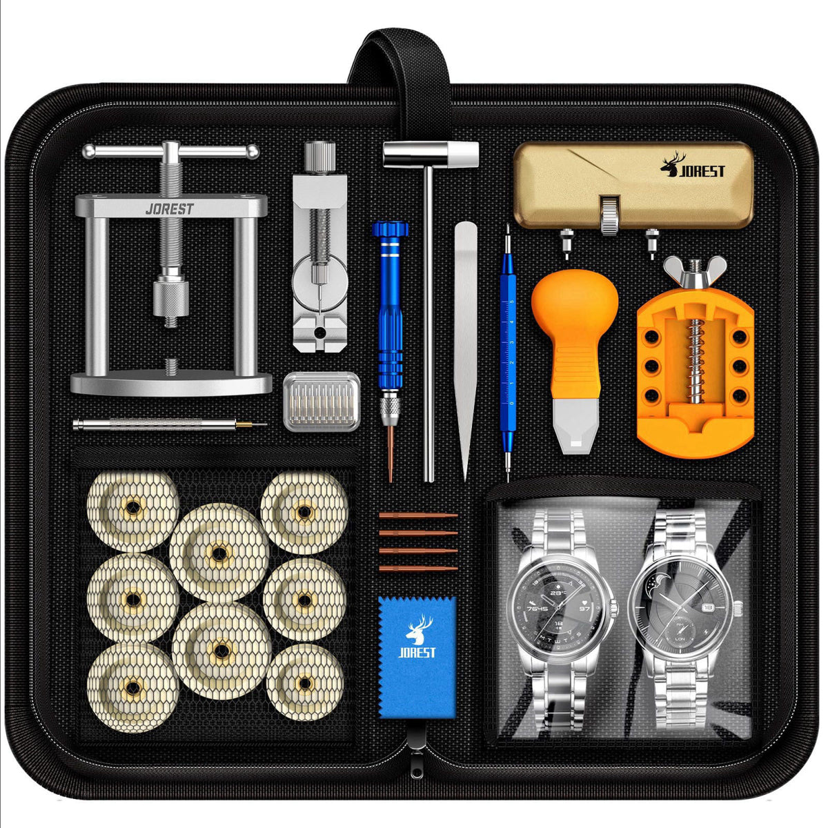 JOREST Watch Repair Kit + Watch Press Tool, Battery Replacement, Strap Adjustment, Wrench Opening Back Cover, Case Opene