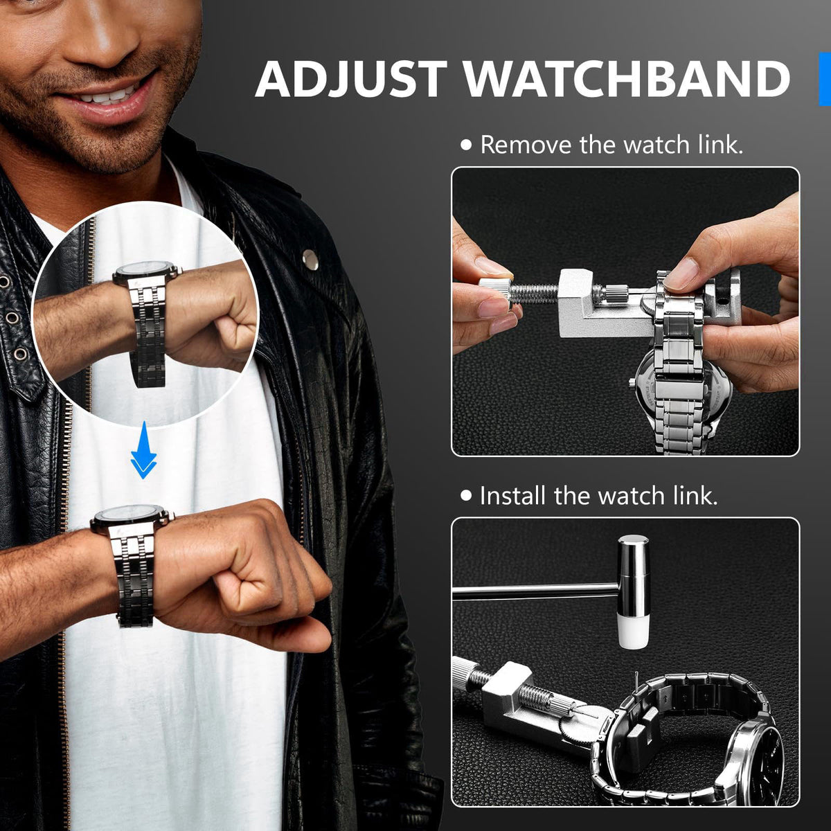 JOREST Watch Repair Kit + Watch Press Tool, Battery Replacement, Strap Adjustment, Wrench Opening Back Cover, Case Opene