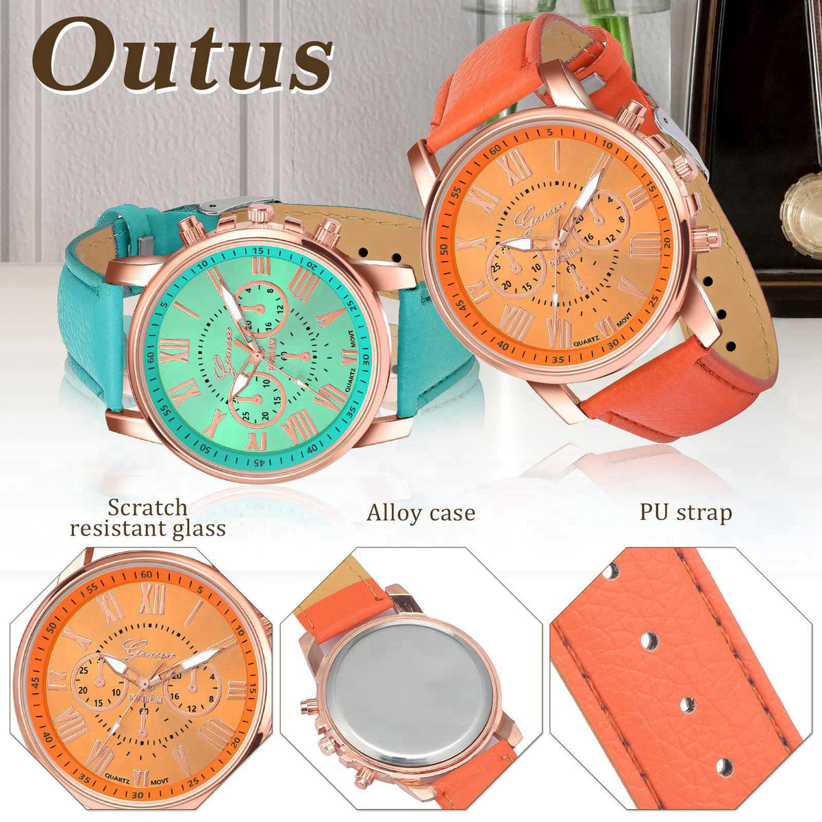 Outus 26/52pcs Assorted Platinum Watch for Women Men Quartz Bulk Watches – back view and specifications