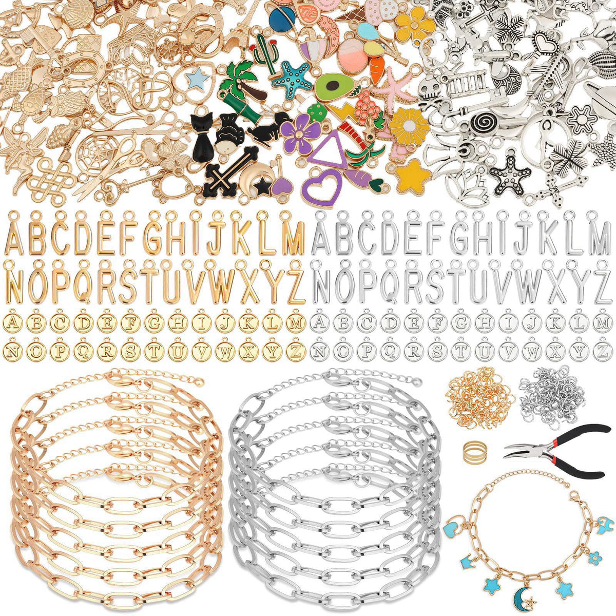 Mckanti Charm Bracelet Making Kit for Adults & Teens, 477Pcs DIY Charm Bracelet Set with Gold & Silver Charms, Paperclip