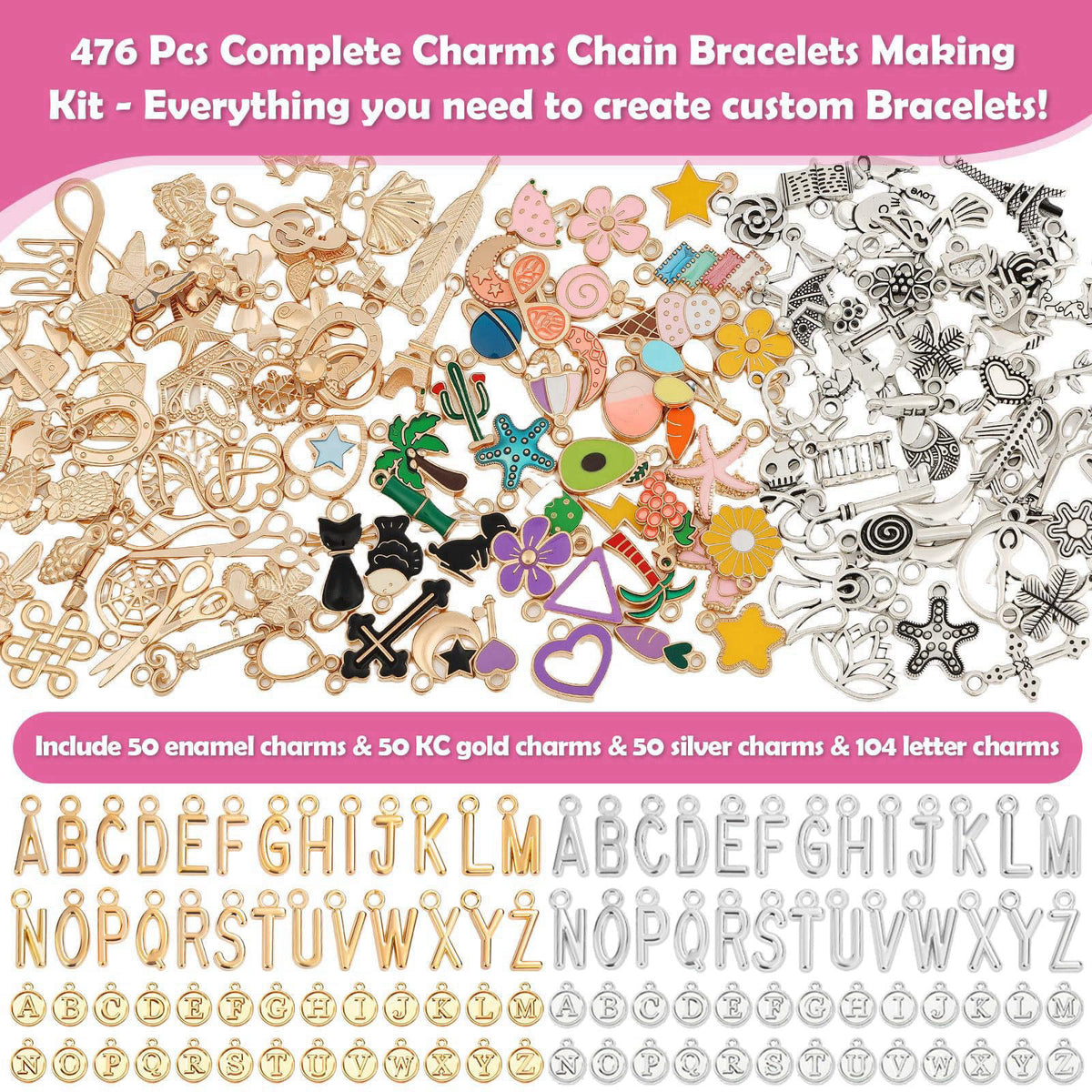 Mckanti Charm Bracelet Making Kit for Adults & Teens, 477Pcs DIY Charm Bracelet Set with Gold & Silver Charms, Paperclip