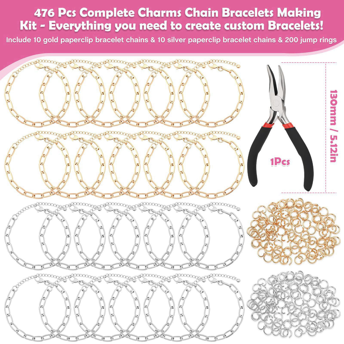 Mckanti Charm Bracelet Making Kit for Adults & Teens, 477Pcs DIY Charm Bracelet Set with Gold & Silver Charms, Paperclip