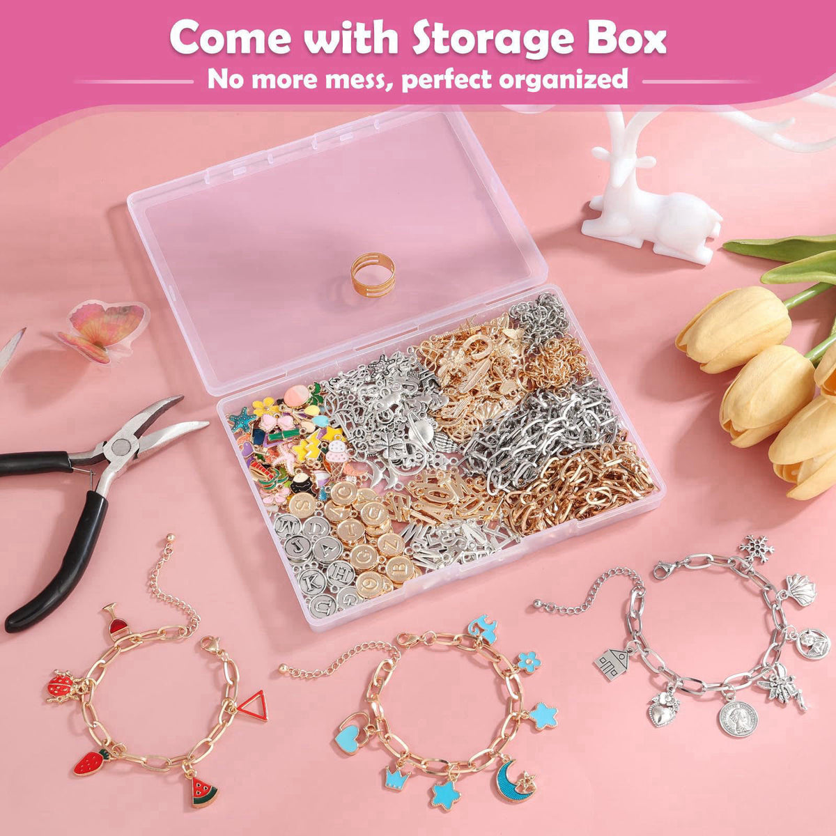Mckanti Charm Bracelet Making Kit for Adults & Teens, 477Pcs DIY Charm Bracelet Set with Gold & Silver Charms, Paperclip