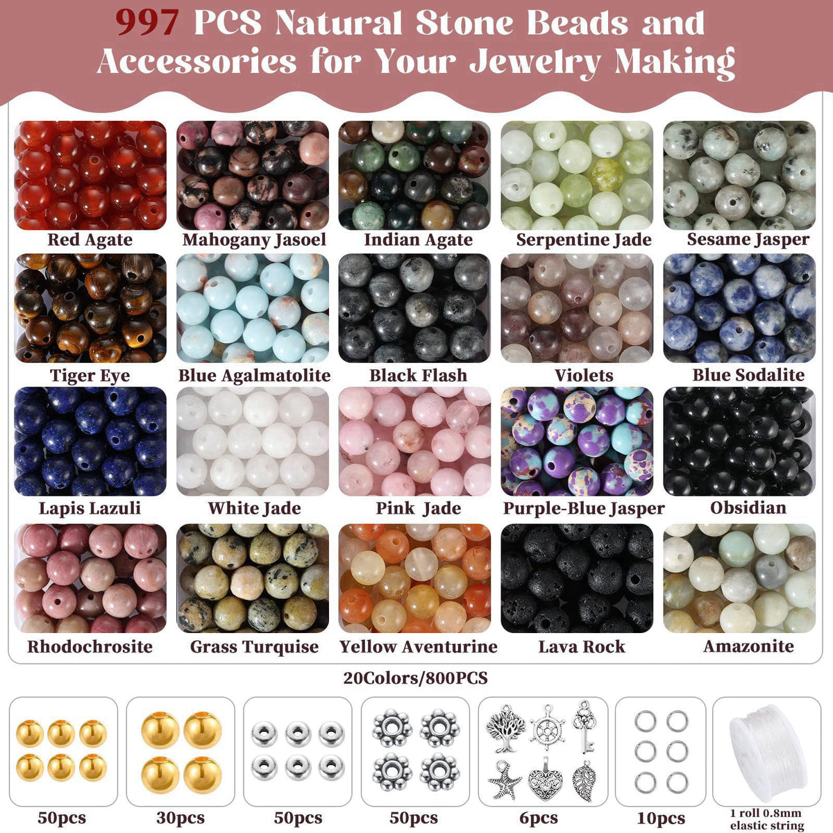 Zefy 996 Pcs 6mm Natural Stone Beads, Beads for Jewelry Making (20 Colors) – full view