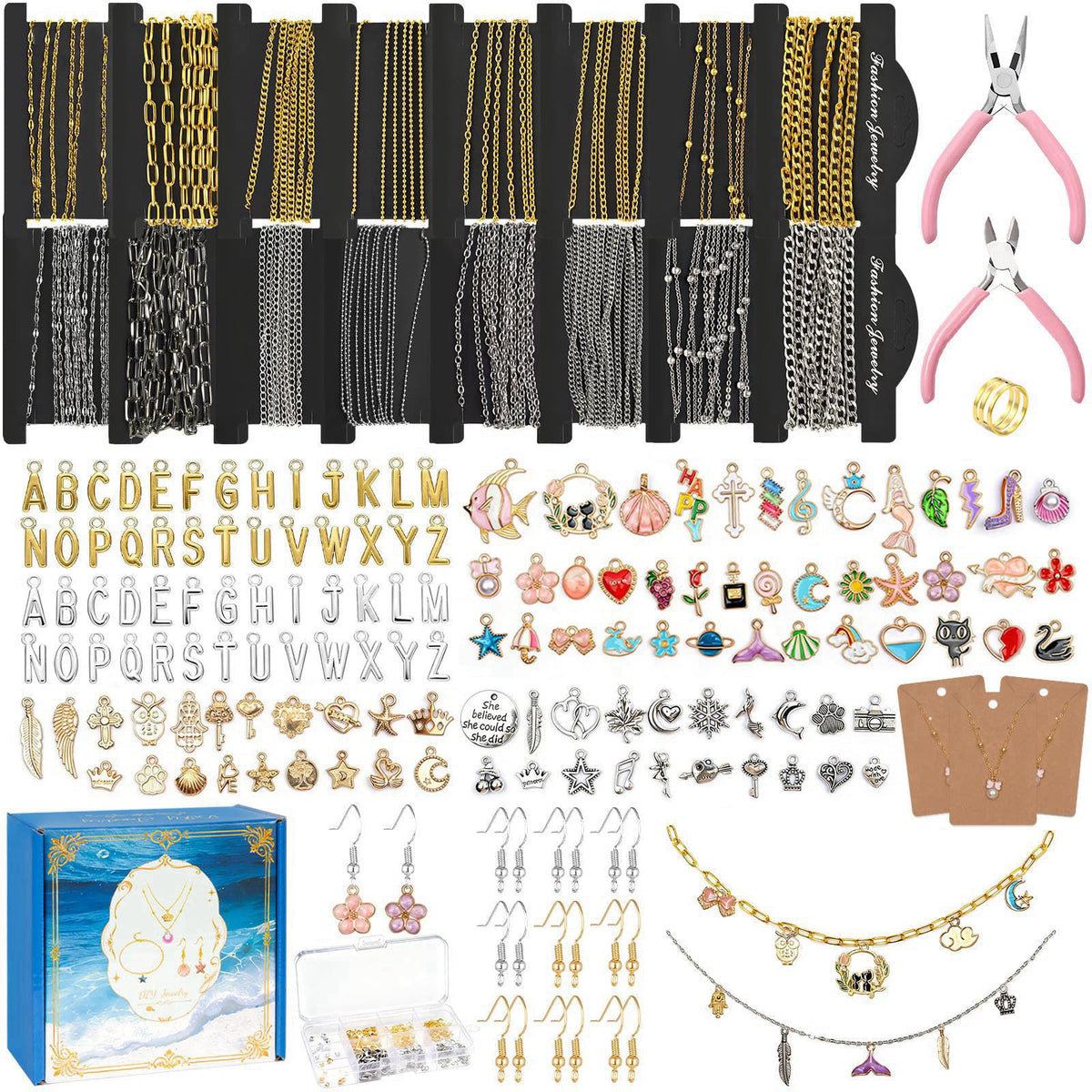 Grnheat 18K Gold Silver Necklace Chains for Jewelry Making - 79FT 16 Rolls Bracelet Chains with Charms - Letter Pendants
