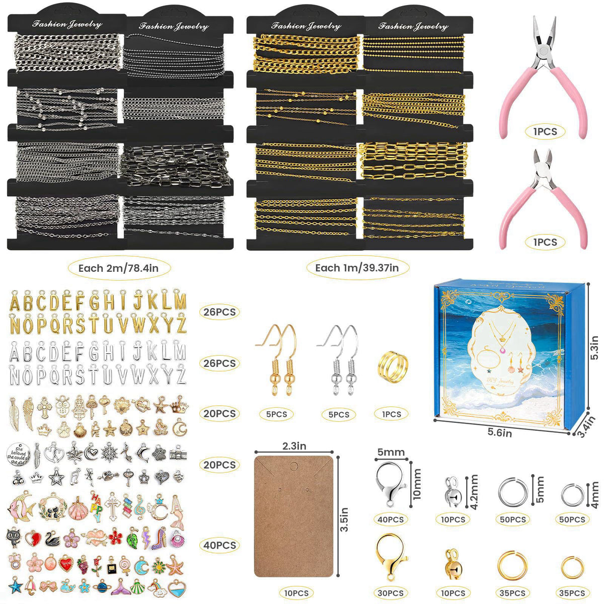Grnheat 18K Gold Silver Necklace Chains for Jewelry Making - 79FT 16 Rolls Bracelet Chains with Charms - Letter Pendants