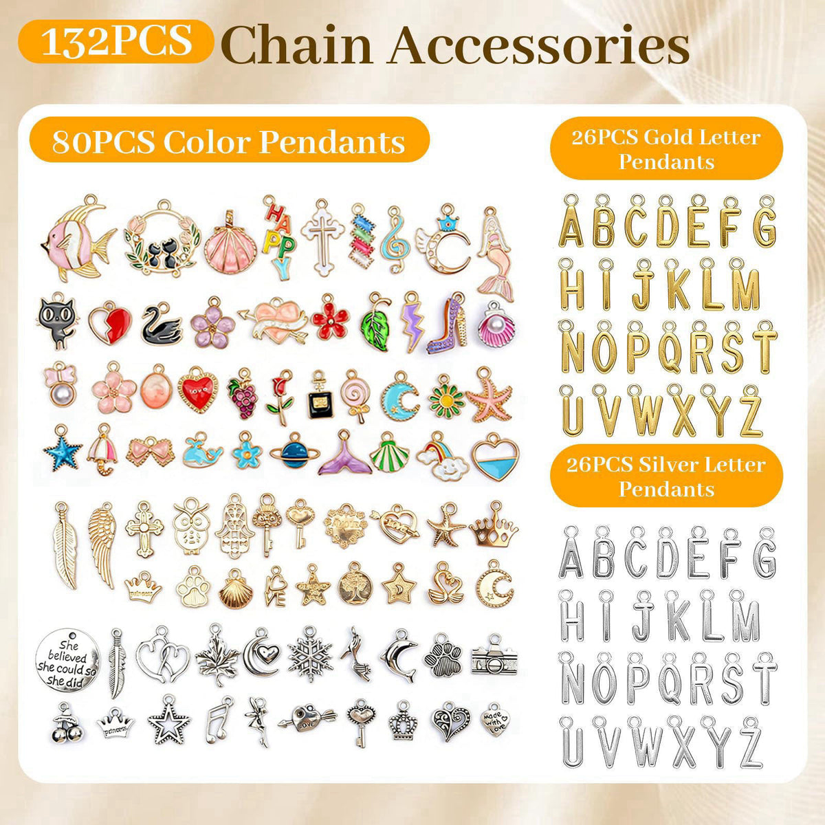 Grnheat 18K Gold Silver Necklace Chains for Jewelry Making - 79FT 16 Rolls Bracelet Chains with Charms - Letter Pendants