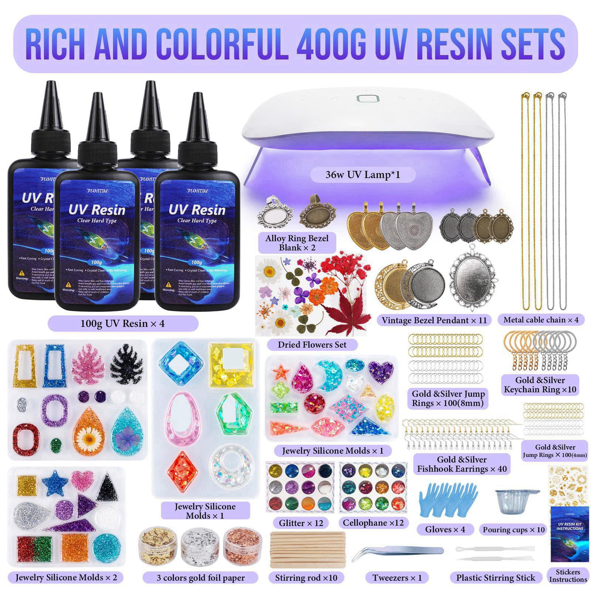 FUHITIM 400g UV Resin Kit with Light,Resin Kits for Beginners – close-up detail in 400g Colors