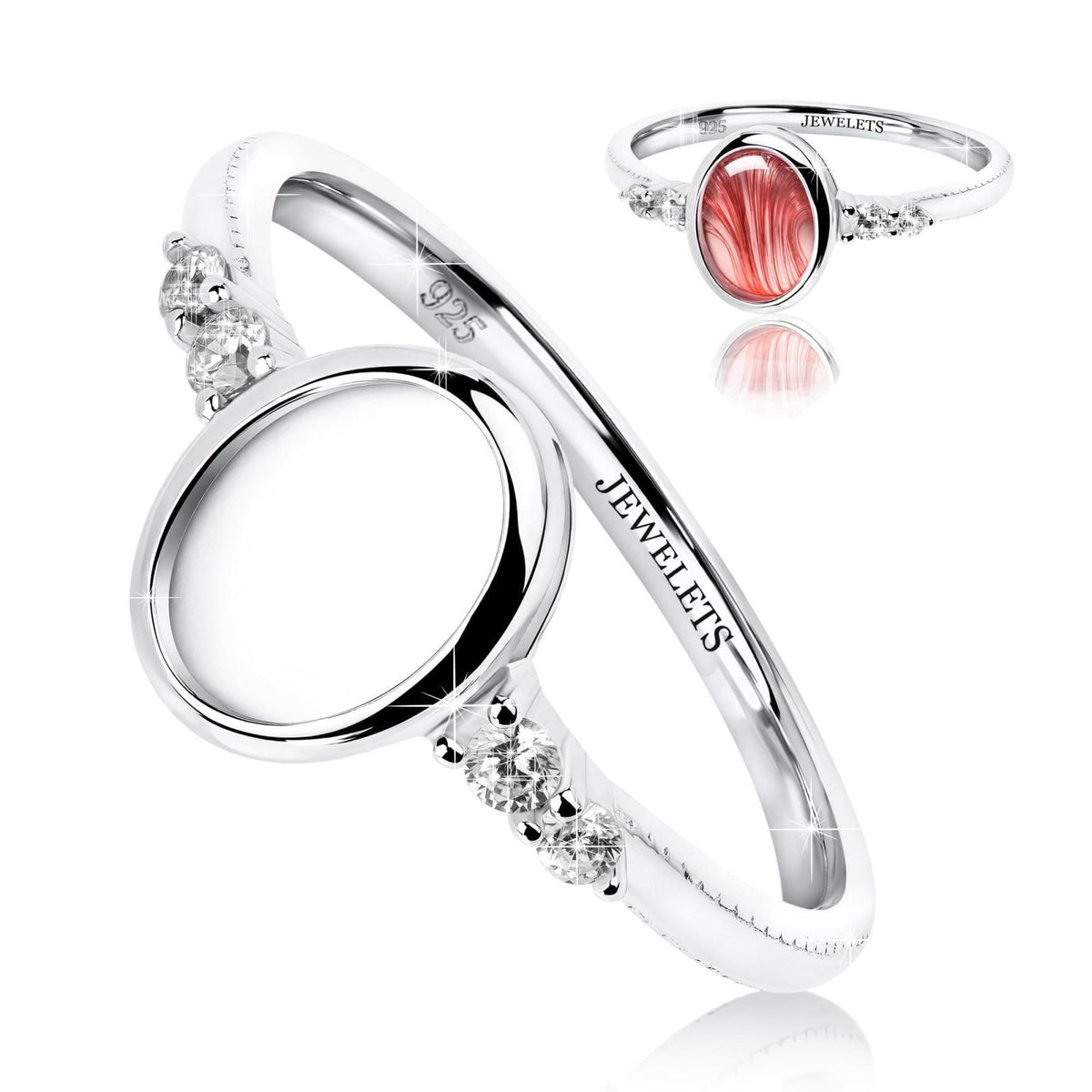 Jewelets 925 Sterling Silver 6×8 mm Oval Bezel Cup Ring Blank – Rhodium Plated Cabochon Mount with 4 CZ Side Stones | He