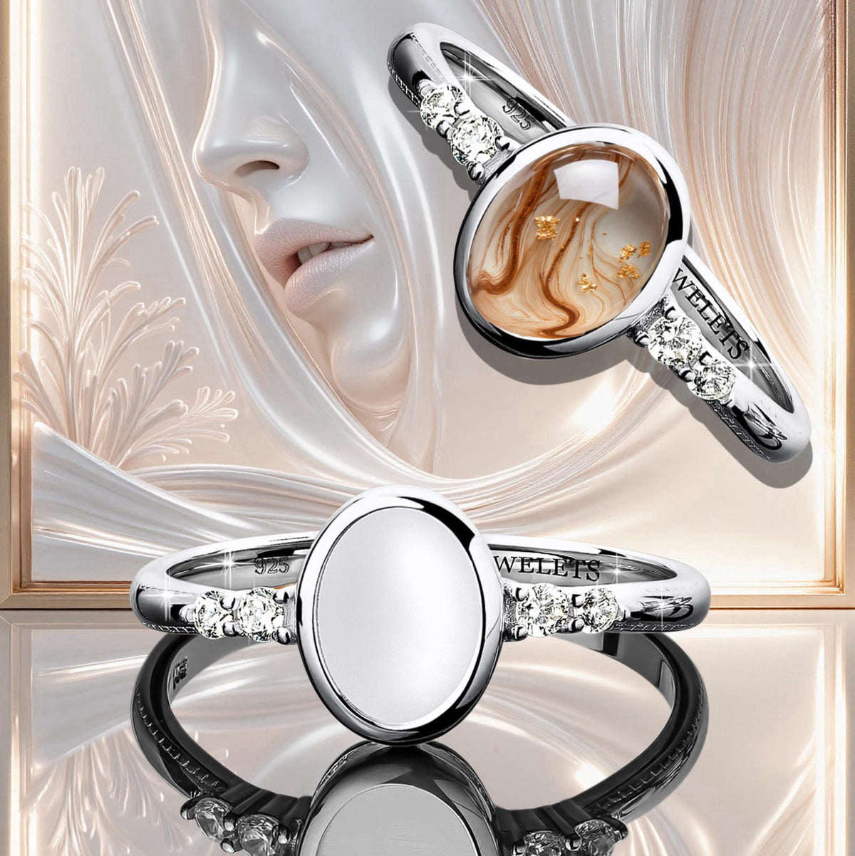 Jewelets 925 Sterling Silver 6×8 mm Oval Bezel Cup Ring Blank – Rhodium Plated Cabochon Mount with 4 CZ Side Stones | He