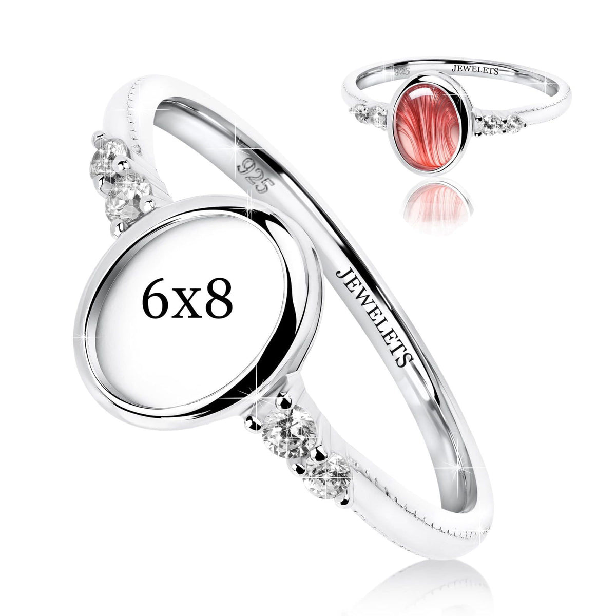 Jewelets 925 Sterling Silver 6×8 mm Oval Bezel Cup Ring Blank – Rhodium Plated Cabochon Mount with 4 CZ Side Stones | He