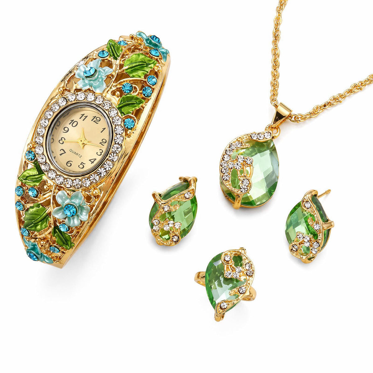 Vintage Jewelry Set for Women, Retro Palace Style Enamel Floral Quartz Watch with Necklace, Earrings, and Ring, Elegant 