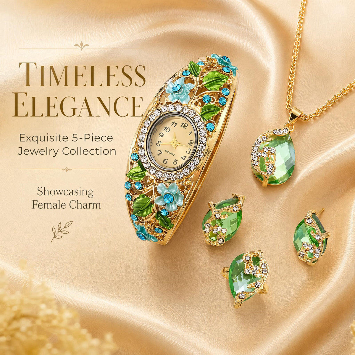 Vintage Jewelry Set for Women, Retro Palace Style Enamel Floral Quartz Watch with Necklace, Earrings, and Ring, Elegant 
