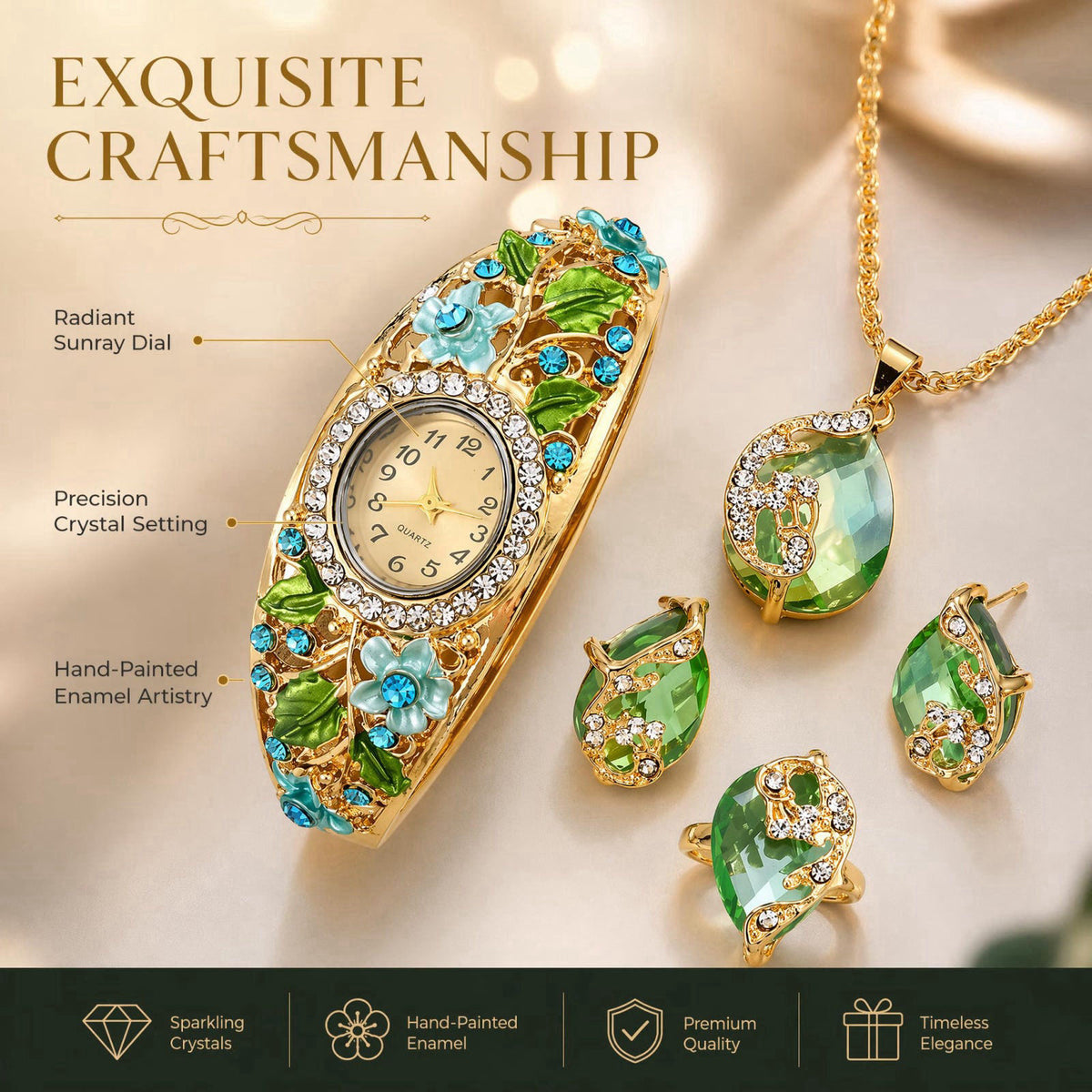 Vintage Jewelry Set for Women, Retro Palace Style Enamel Floral Quartz Watch with Necklace, Earrings, and Ring, Elegant 