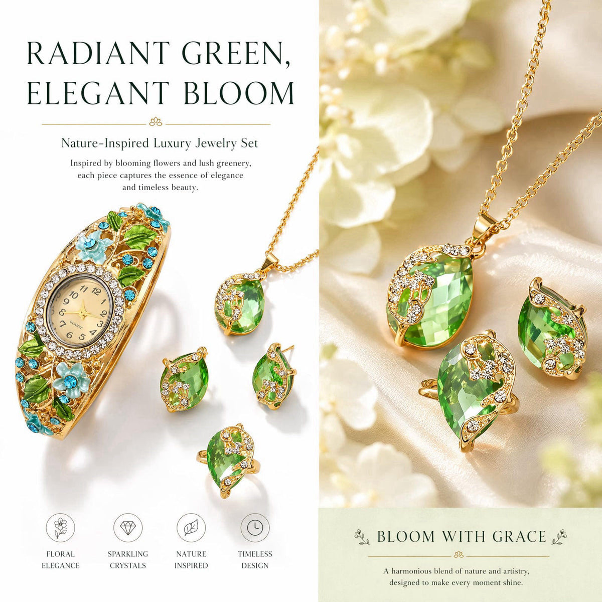 Vintage Jewelry Set for Women, Retro Palace Style Enamel Floral Quartz Watch with Necklace, Earrings, and Ring, Elegant 