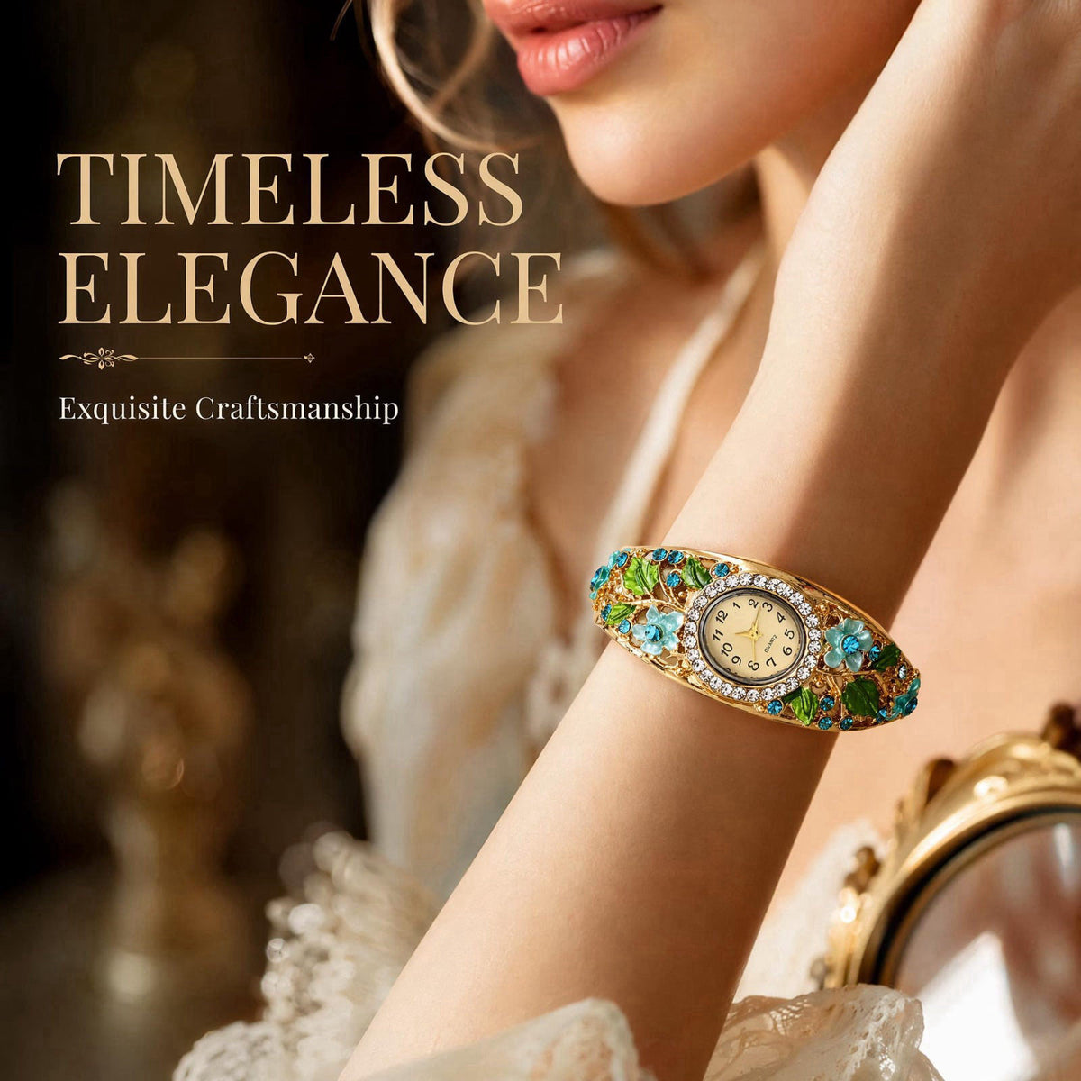 Vintage Jewelry Set for Women, Retro Palace Style Enamel Floral Quartz Watch with Necklace, Earrings, and Ring, Elegant 