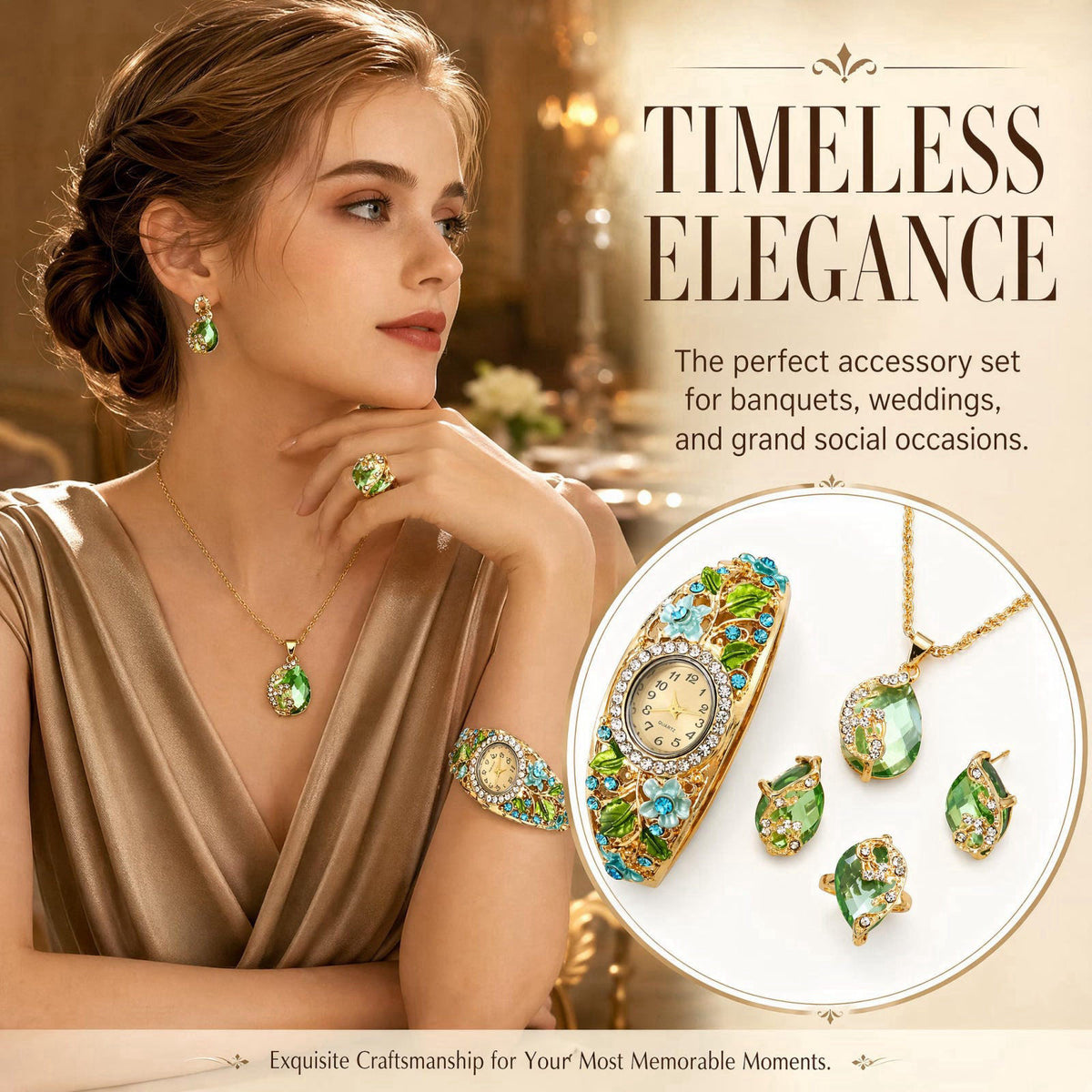 Vintage Jewelry Set for Women, Retro Palace Style Enamel Floral Quartz Watch with Necklace, Earrings, and Ring, Elegant 