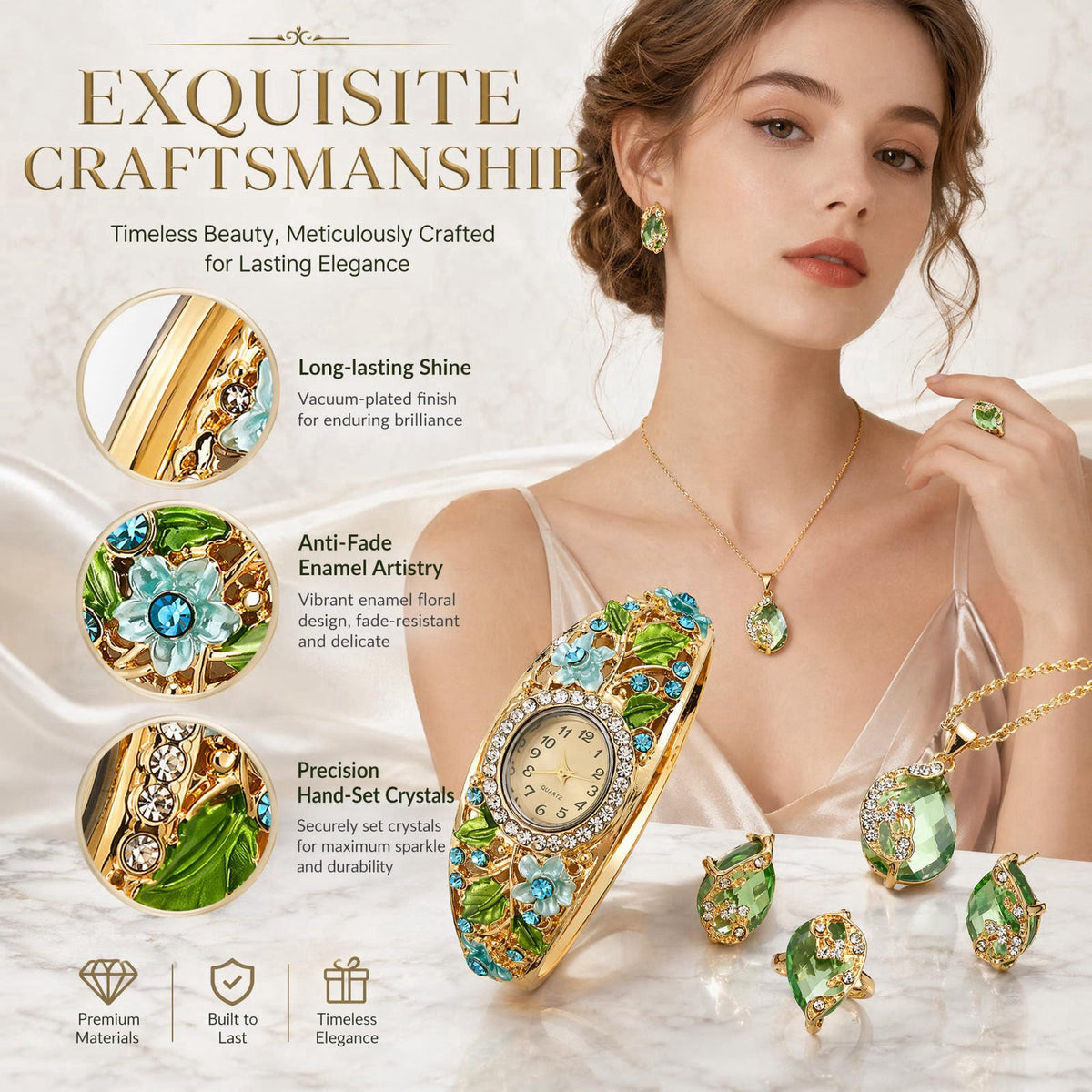 Vintage Jewelry Set for Women, Retro Palace Style Enamel Floral Quartz Watch with Necklace, Earrings, and Ring, Elegant 