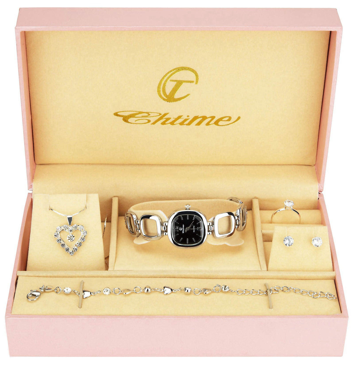 BELLOS Gift Set Women's Watch Black - jewelry Set- Necklace-Ring- Earrings - Band – full view, size adjustable
