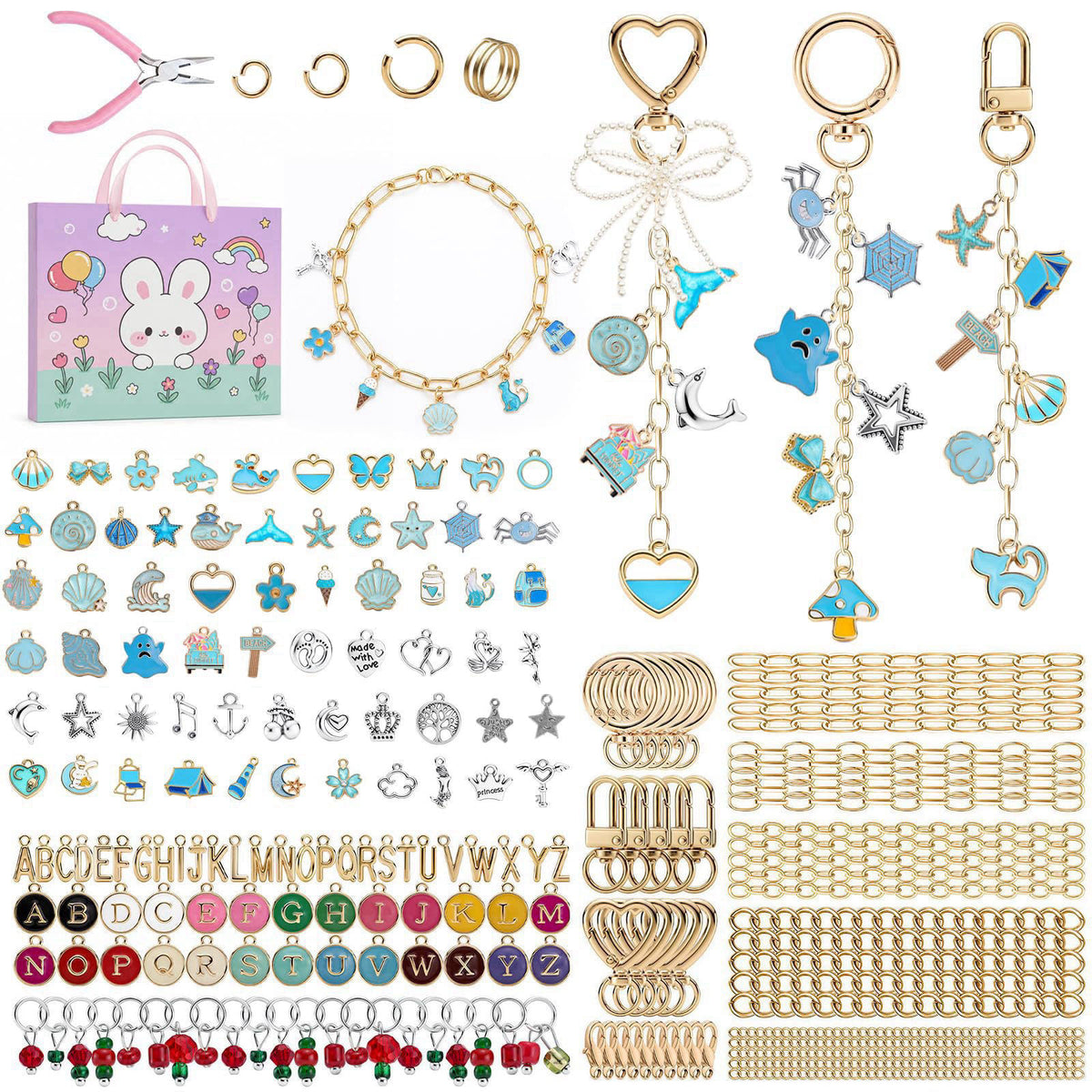 Funnymon 462pcs DIY Keychain Making Kit - Blue Charms & Bag Charm Kit – Blue, Metal
