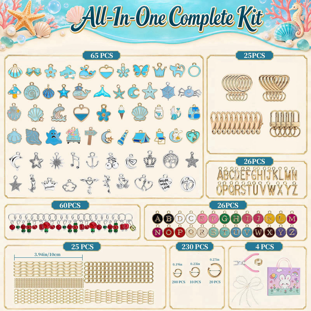Funnymon 462pcs DIY Keychain Making Kit - Blue Charms & Bag Charm Kit – close-up detail in Blue