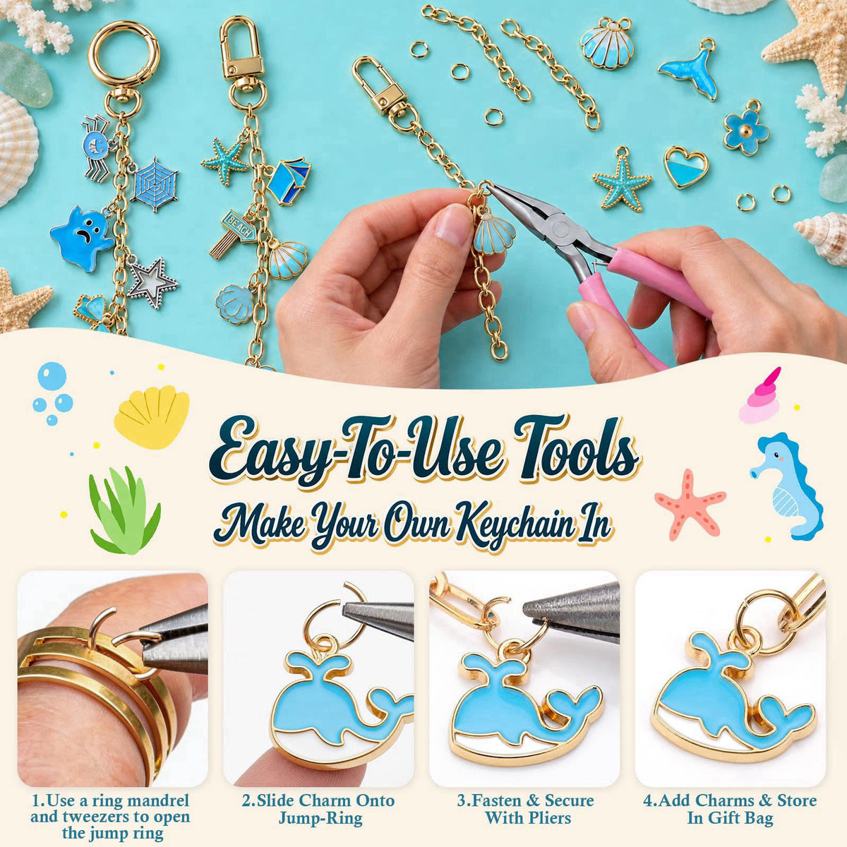 Funnymon 462pcs DIY Keychain Making Kit - Blue Charms & Bag Charm Kit – packaging and label