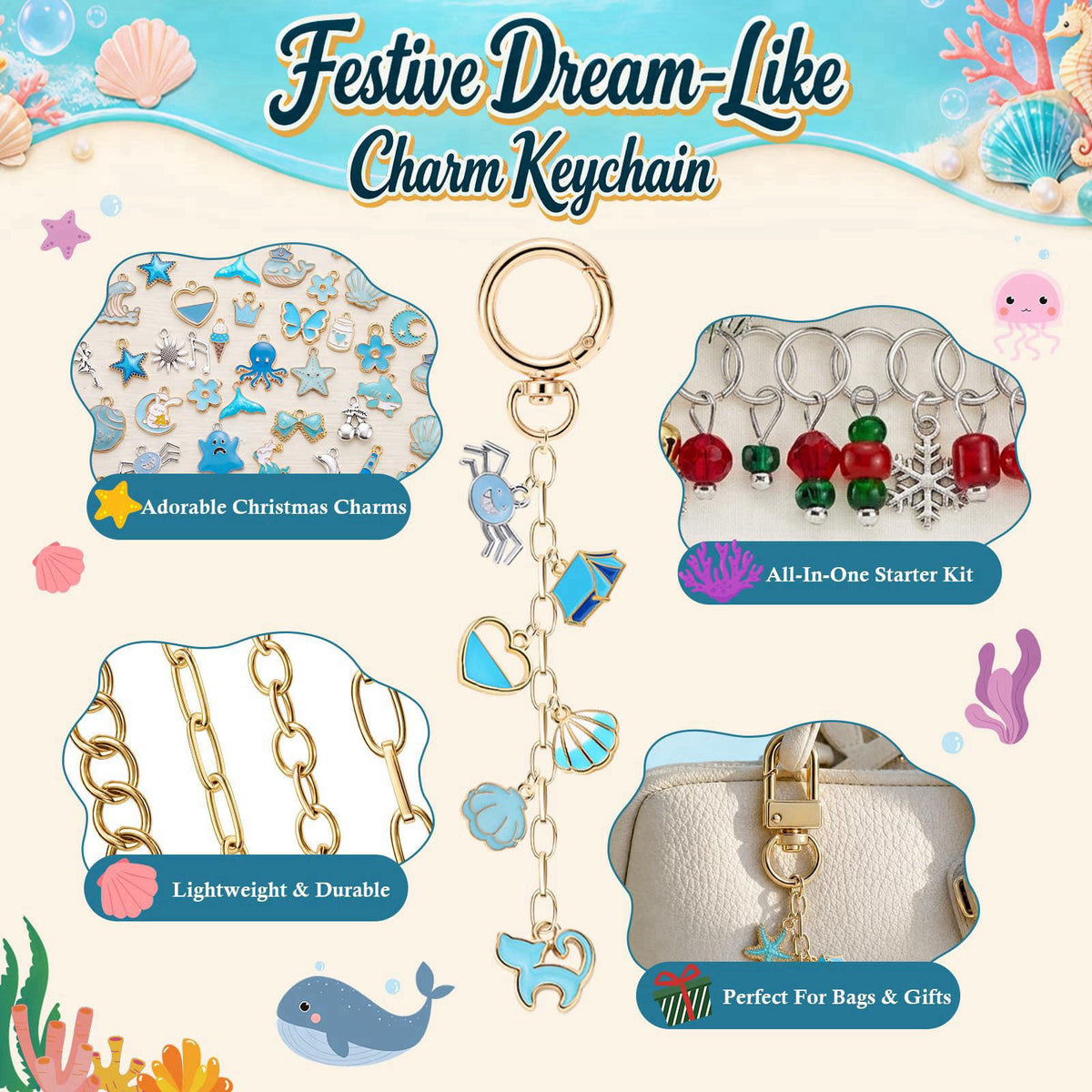 Funnymon 462pcs DIY Keychain Making Kit - Blue Charms & Bag Charm Kit – full view