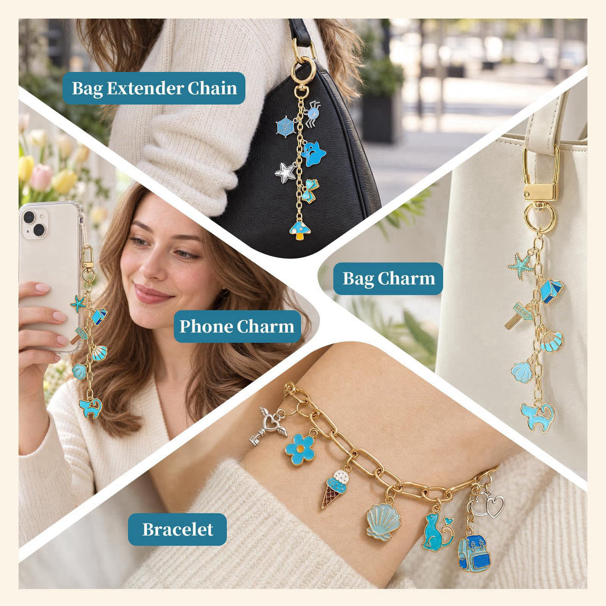 Funnymon 462pcs DIY Keychain Making Kit - Blue Charms & Bag Charm Kit – back view and specifications