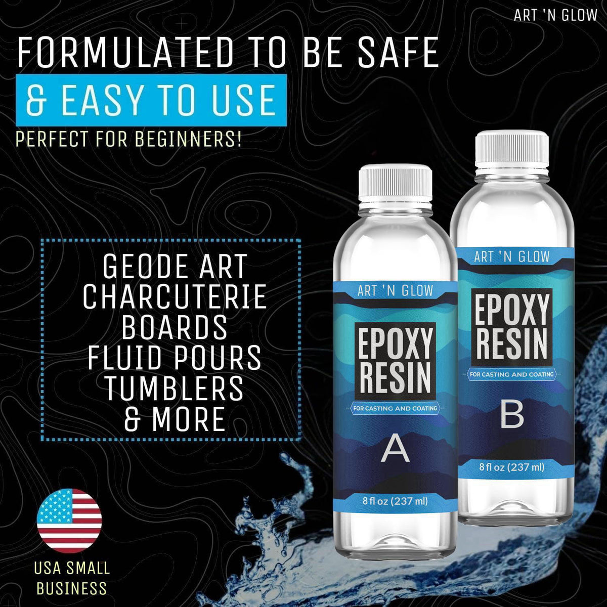 Art 'N Glow Crystal Clear Epoxy Resin Kit 32oz - Food Safe, UV Resistant, Bubble Free – back view and specifications