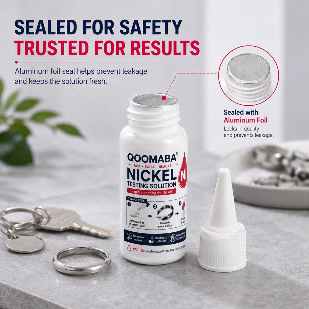 QOOMABA 2-Pack Nickel Test Kit, Nickel Testing Solution For Jewelry, Metals – close-up detail