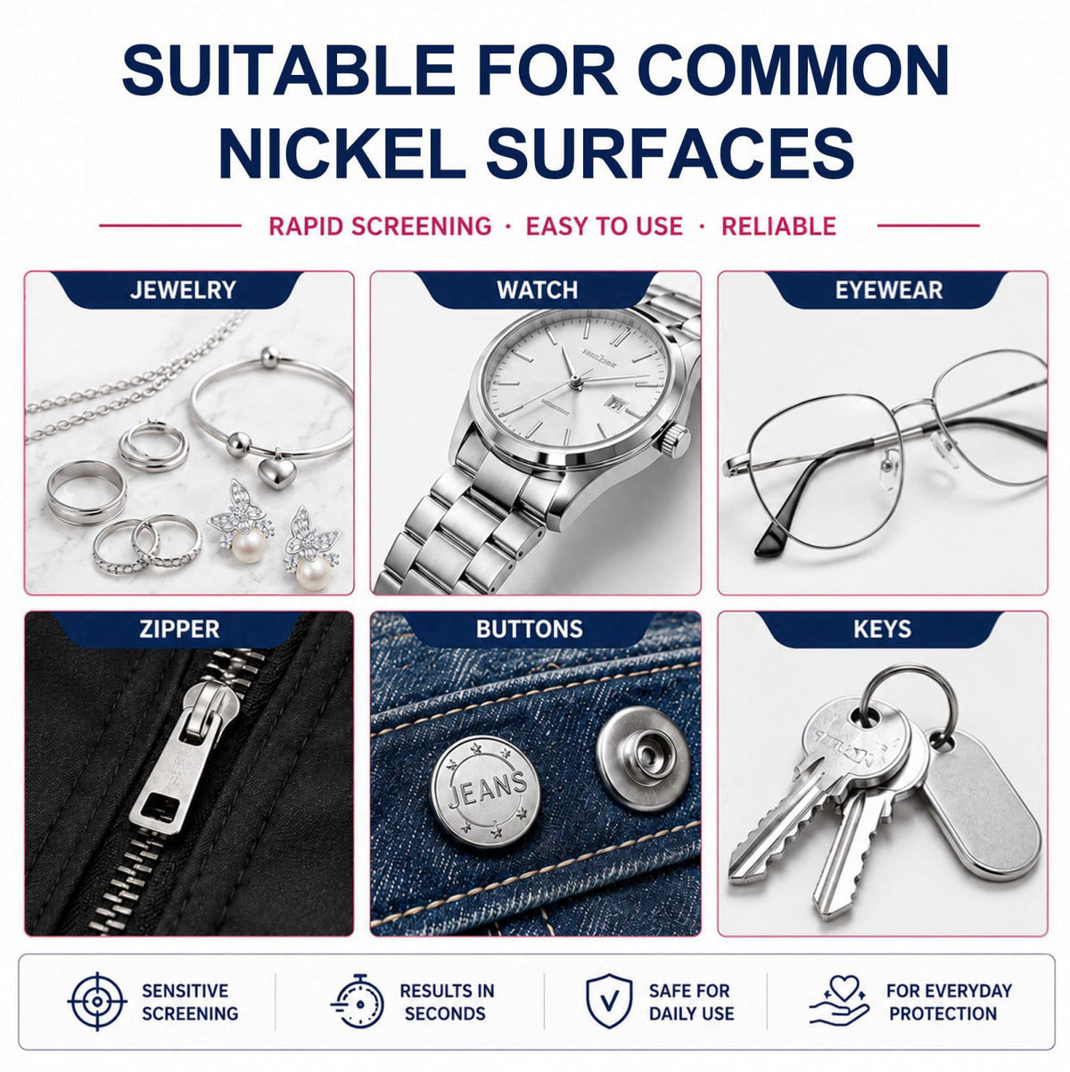 QOOMABA 2-Pack Nickel Test Kit, Nickel Testing Solution For Jewelry, Metals – back view and specifications