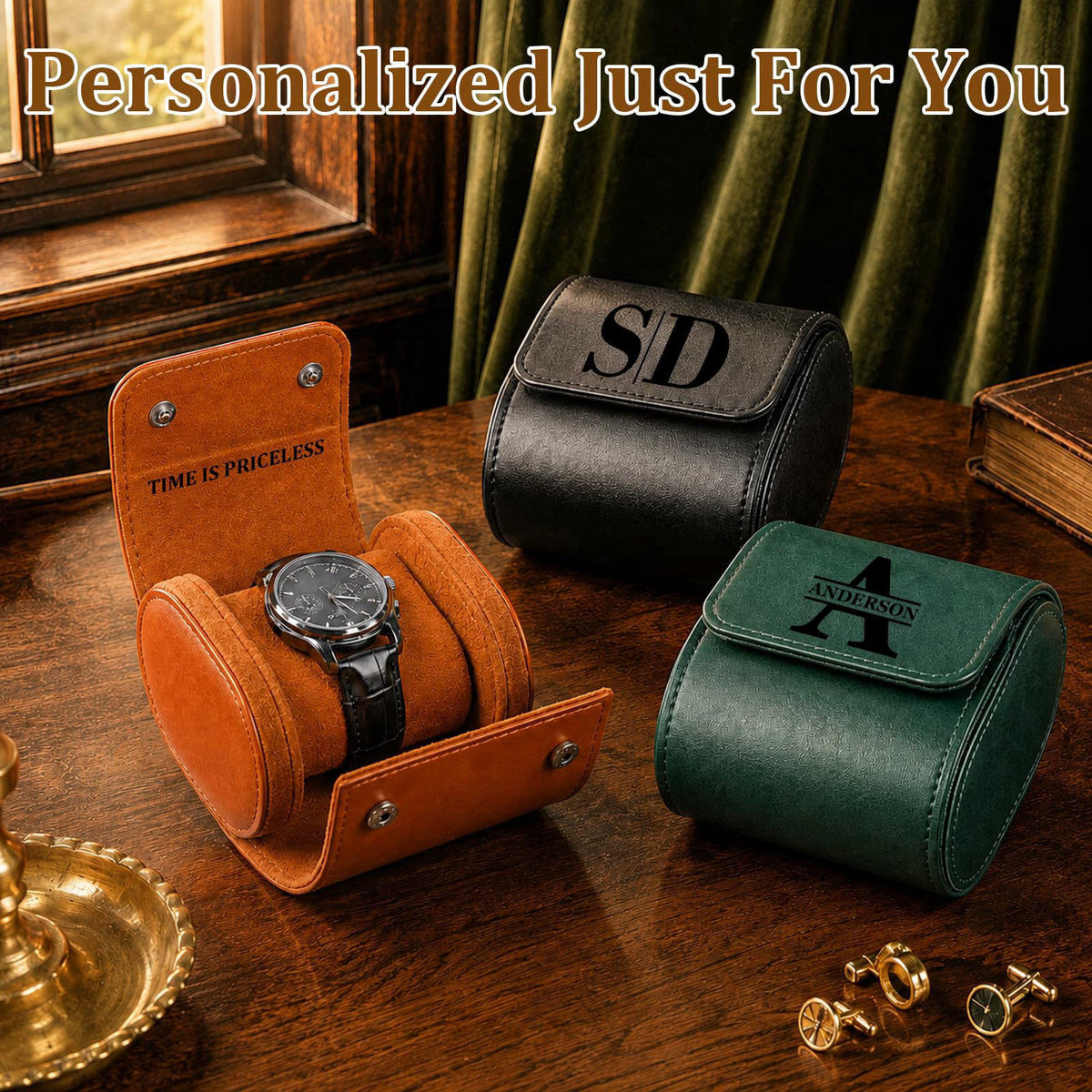 HICUSX Custom Watch Travel Case for Men, Single PU Leather Travel Watch Case Roll, Personalized Watch Gift Storage Box (