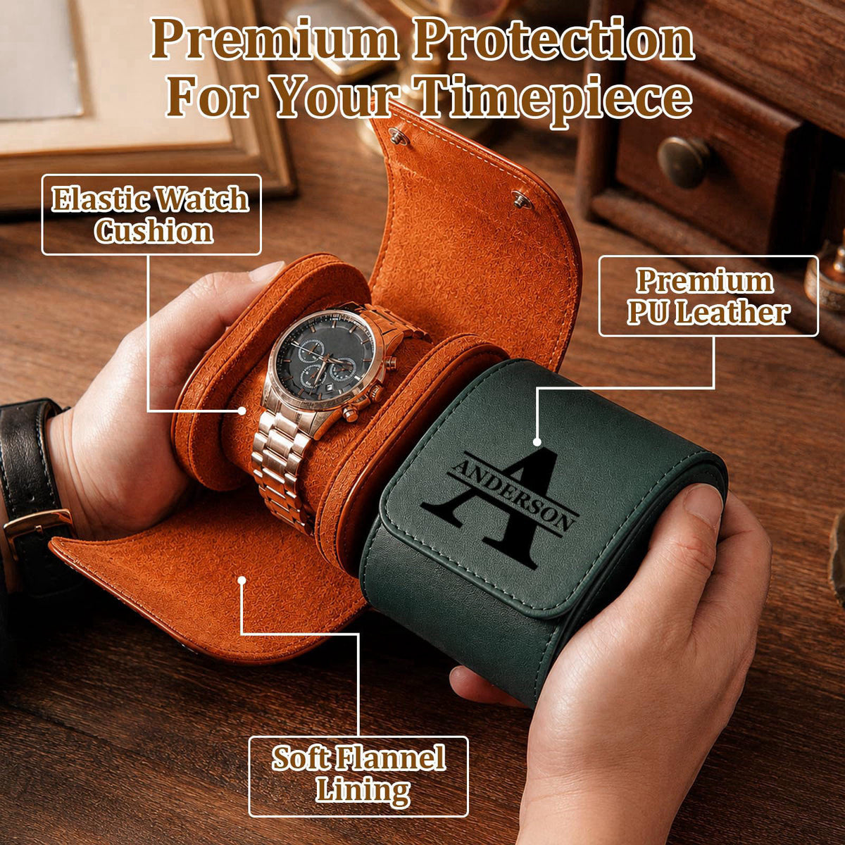 HICUSX Custom Watch Travel Case for Men, Single PU Leather Travel Watch Case Roll, Personalized Watch Gift Storage Box (