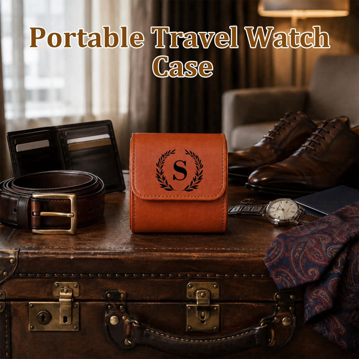 HICUSX Custom Watch Travel Case for Men, Single PU Leather Travel Watch Case Roll, Personalized Watch Gift Storage Box (