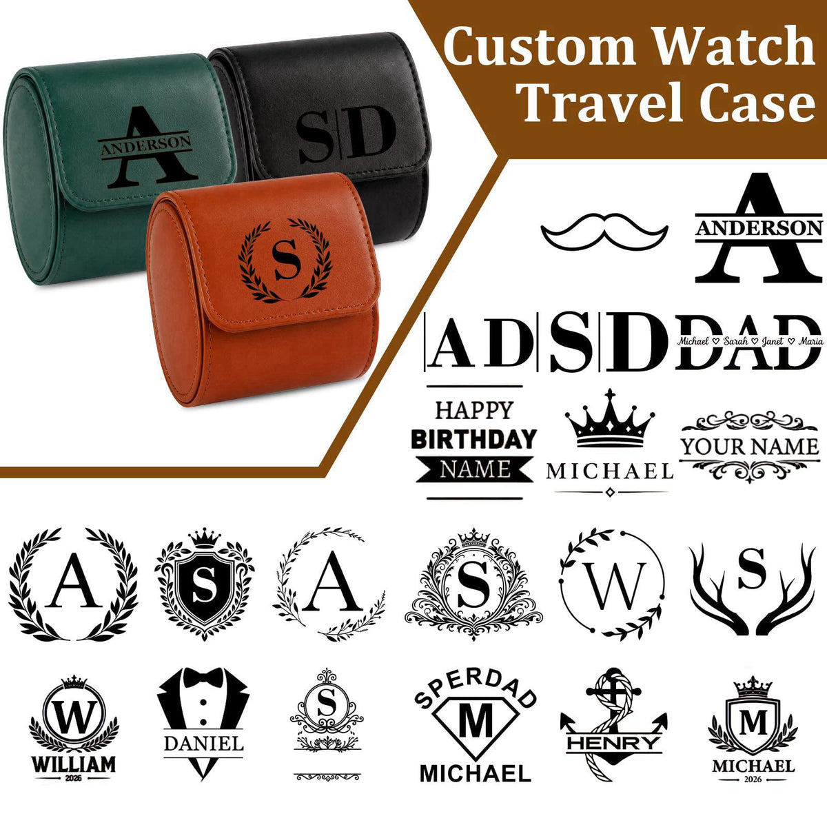 HICUSX Custom Watch Travel Case for Men, Single PU Leather Travel Watch Case Roll, Personalized Watch Gift Storage Box (