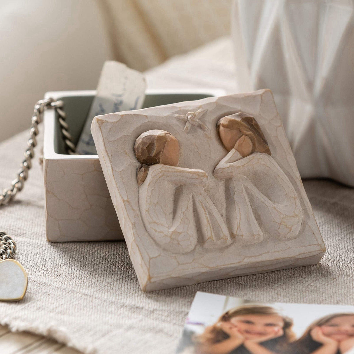 Willow Tree Friendship Keepsake Box, Sculpted Hand-Painted Bas-Relief Box – back view and specifications