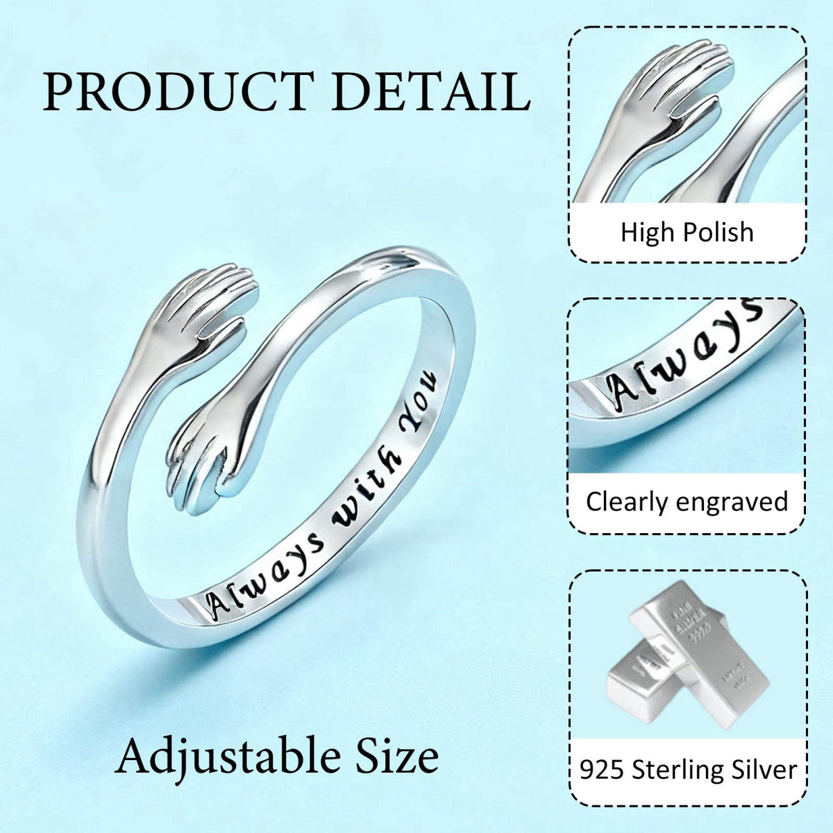 Yuanyora S925 Sterling Silver Hug Ring for Granddaughter Adjustable Ring – back view and specifications